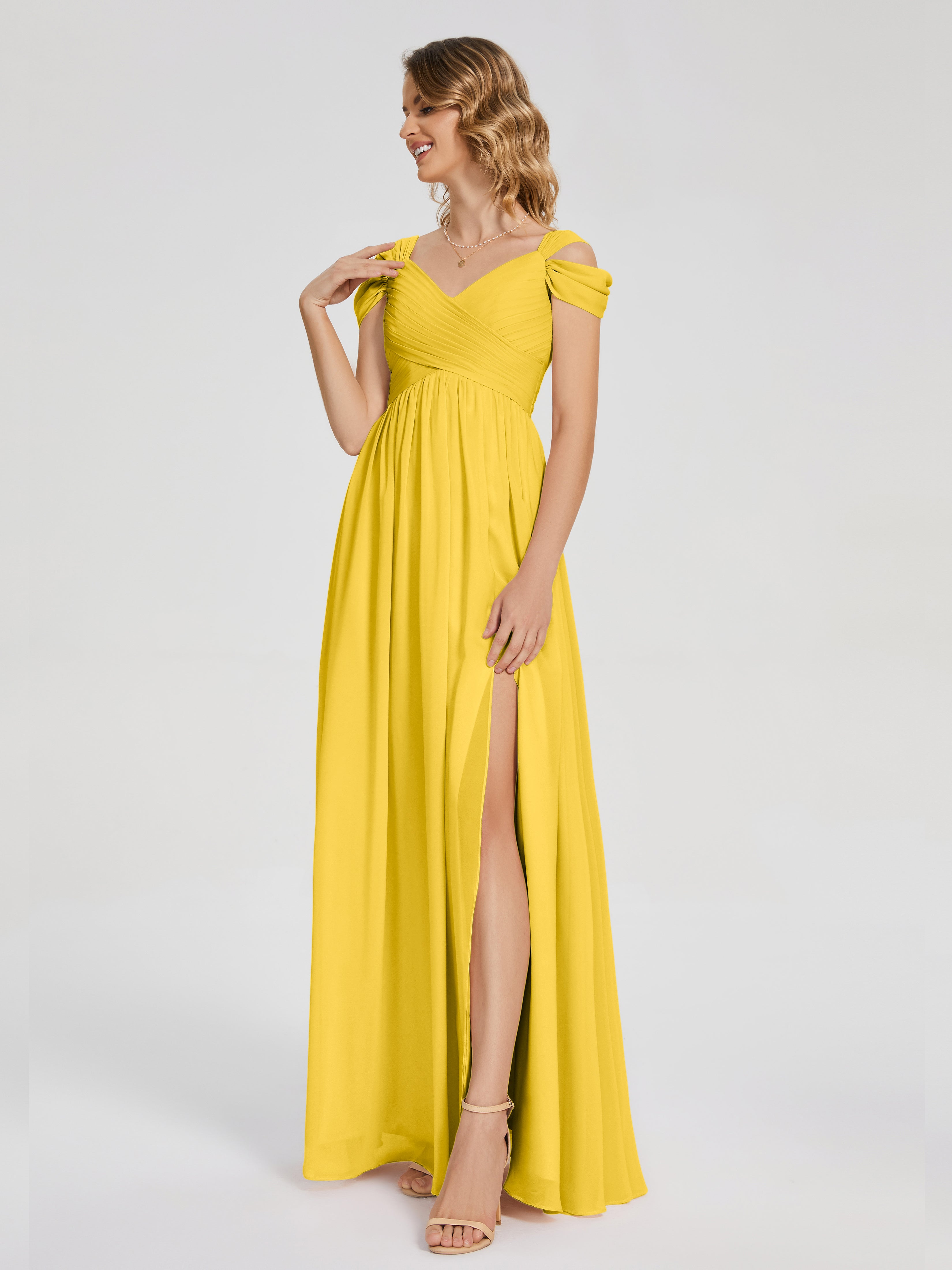 Robe De Demoiselle D'Honneur Souci Fendue Col V Dos En V Mousseline Robes Demoiselle D'Honneur