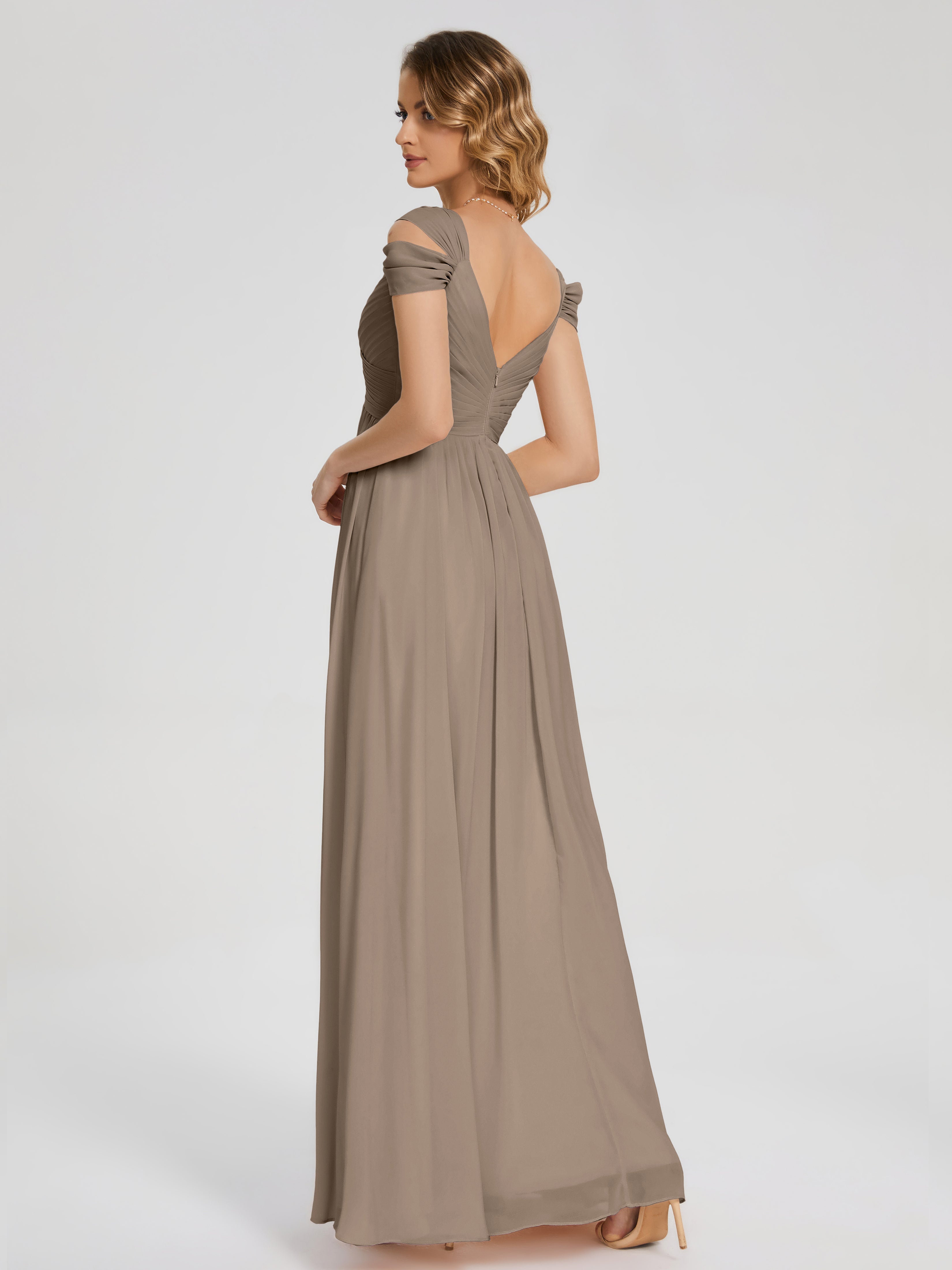 Robe De Couleur Taupe Fendue Col V Dos En V Mousseline Robes Demoiselle D'Honneur