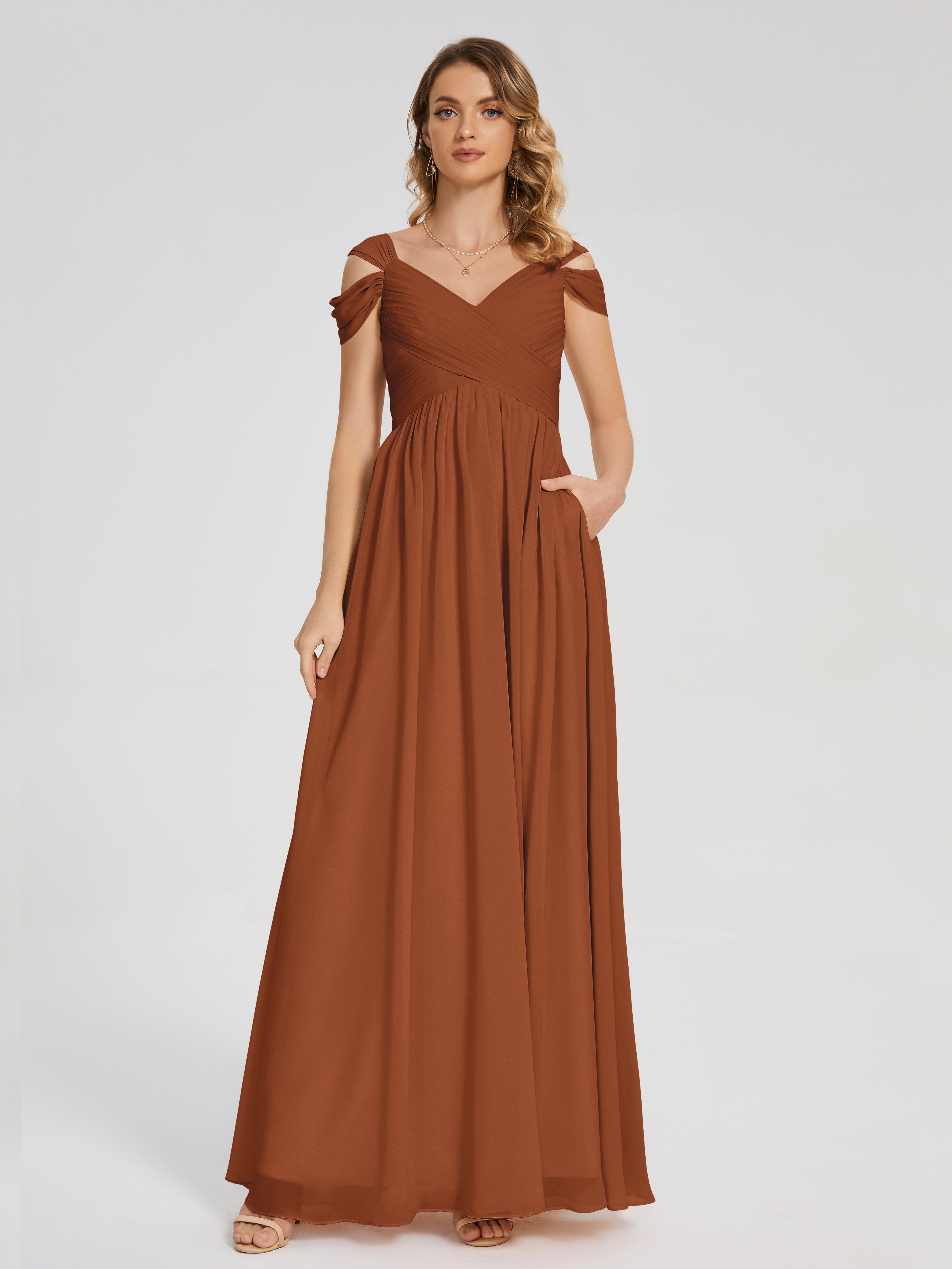Robe Demoiselle D Honneur Terracotta Fendue Col V Dos En V Mousseline Robes Demoiselle D'Honneur