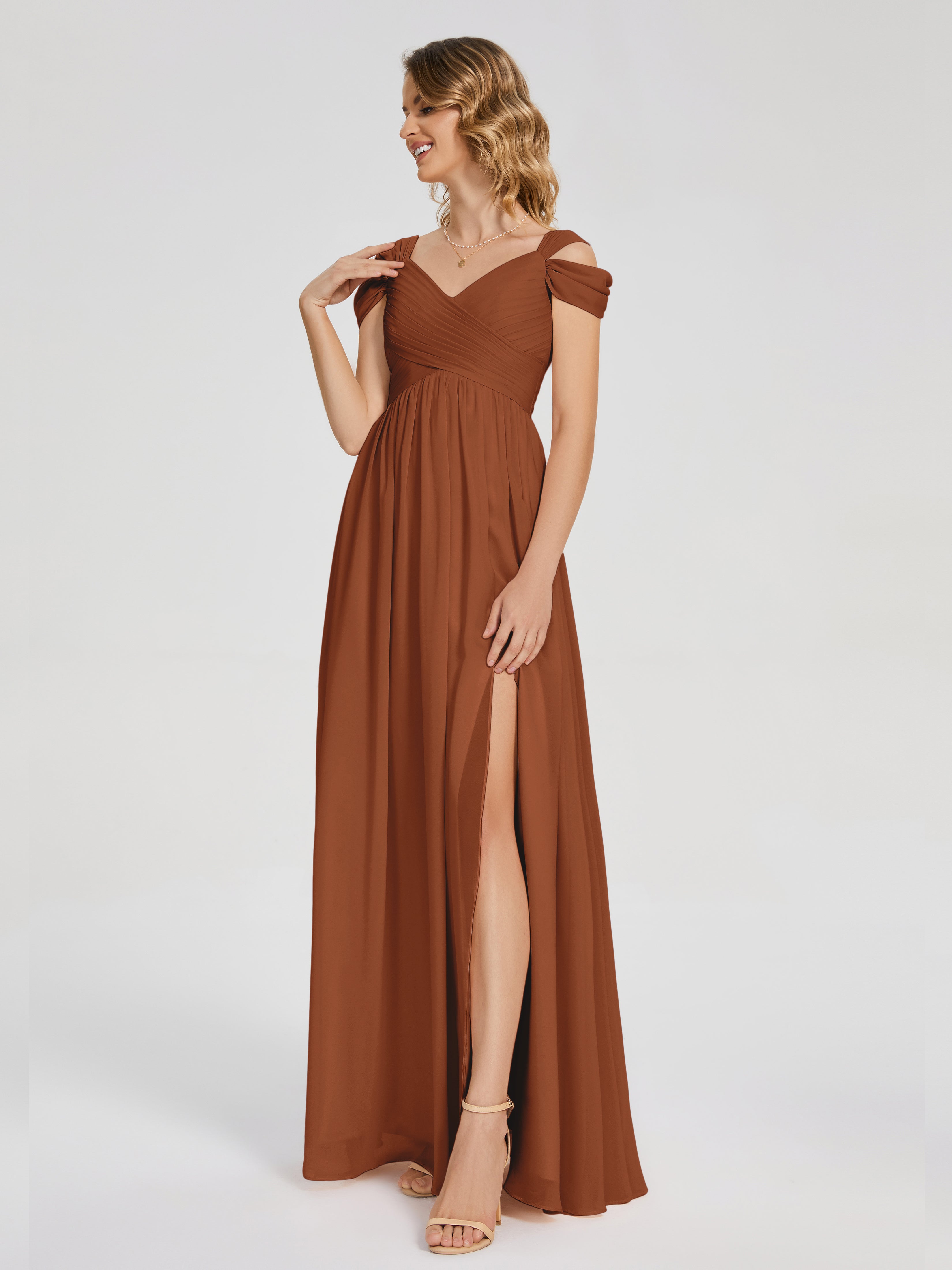 Robe Demoiselle D Honneur Terracotta Fendue Col V Dos En V Mousseline Robes Demoiselle D'Honneur
