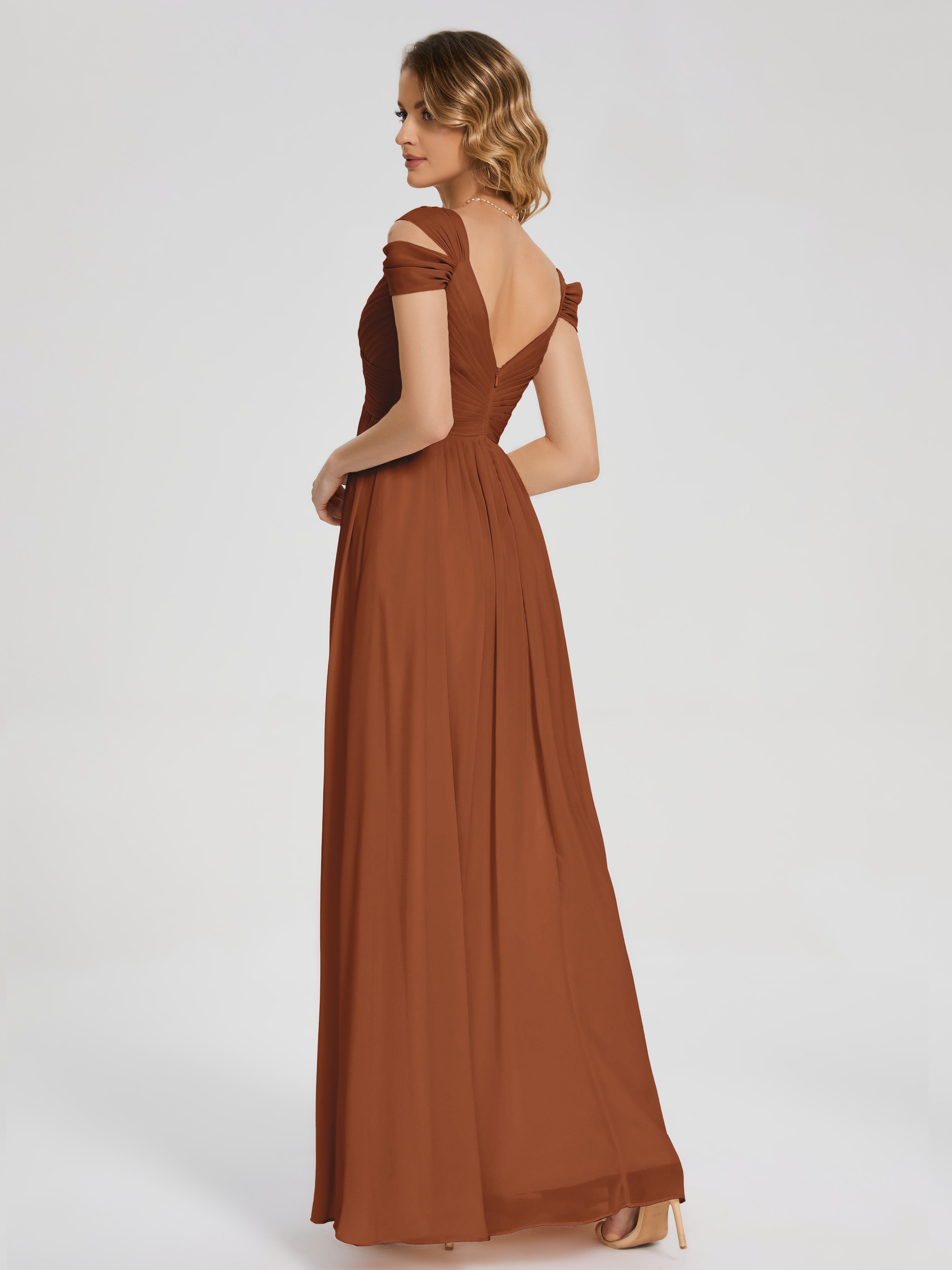 Robe Demoiselle D Honneur Terracotta Fendue Col V Dos En V Mousseline Robes Demoiselle D'Honneur