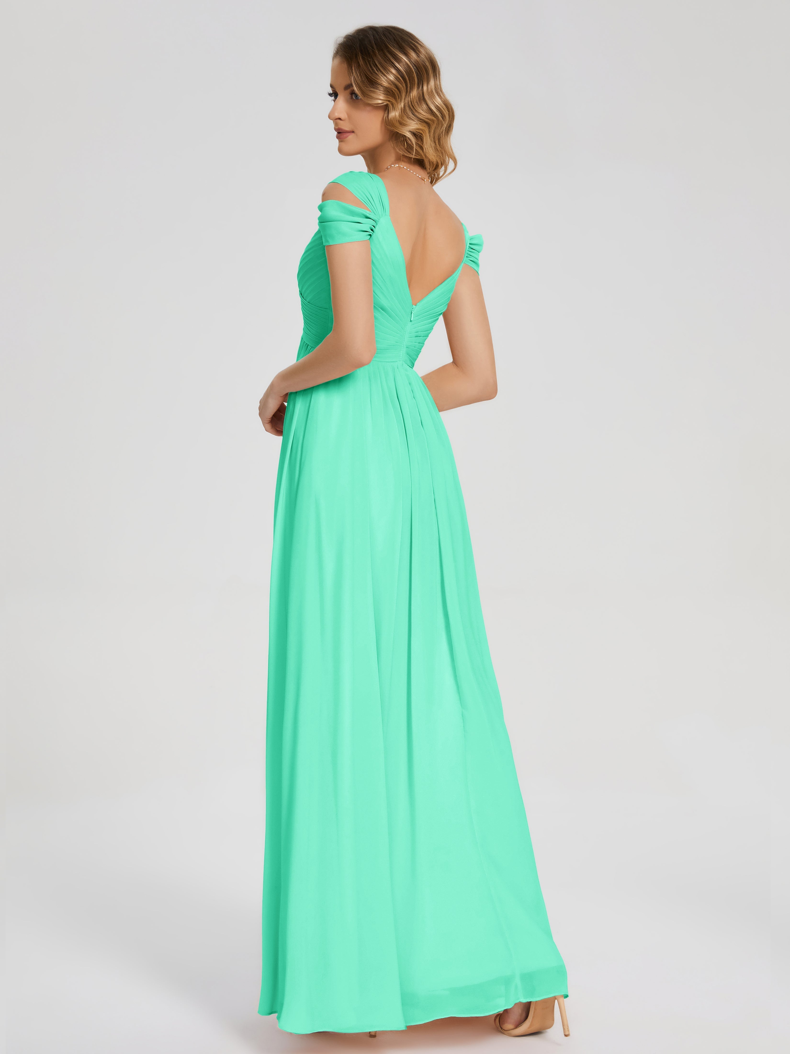 Robe Demoiselle D Honneur Bleu Turquoise Fendue Col V Dos En V Mousseline Robes Demoiselle D'Honneur