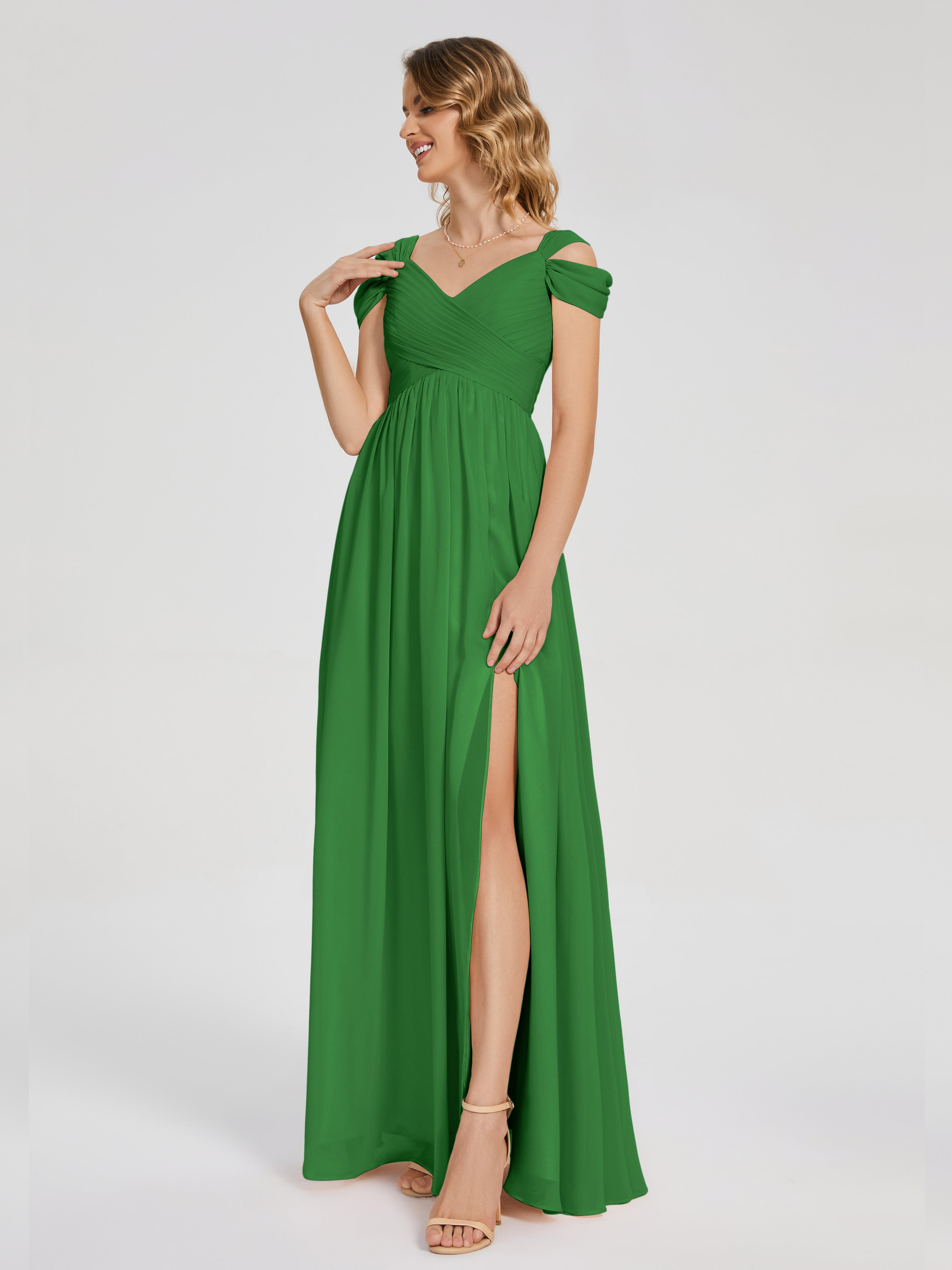 Robe Demoiselle D Honneur Vert Fendue Col V Dos En V Mousseline Robes Demoiselle D'Honneur