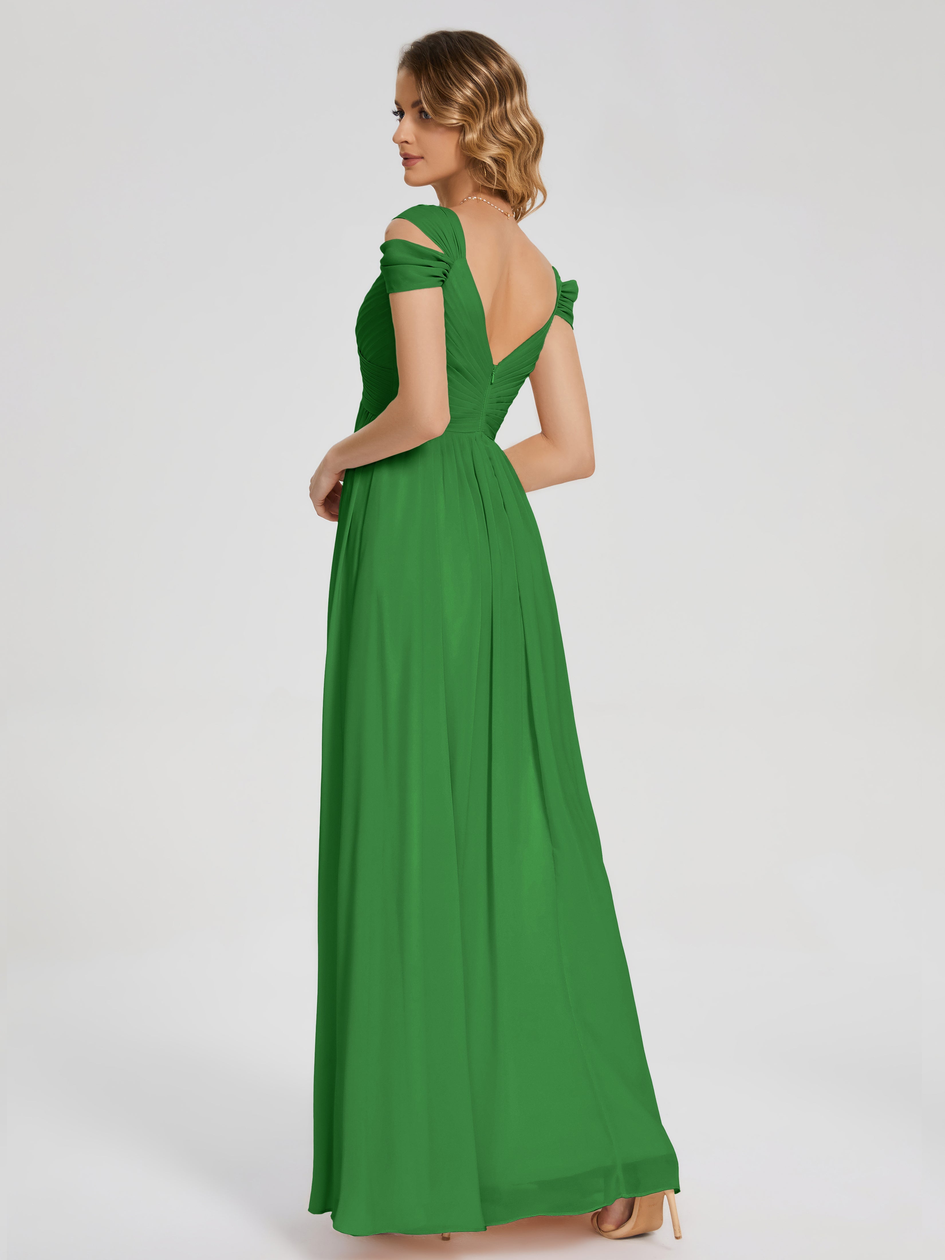 Robe Demoiselle D Honneur Vert Fendue Col V Dos En V Mousseline Robes Demoiselle D'Honneur