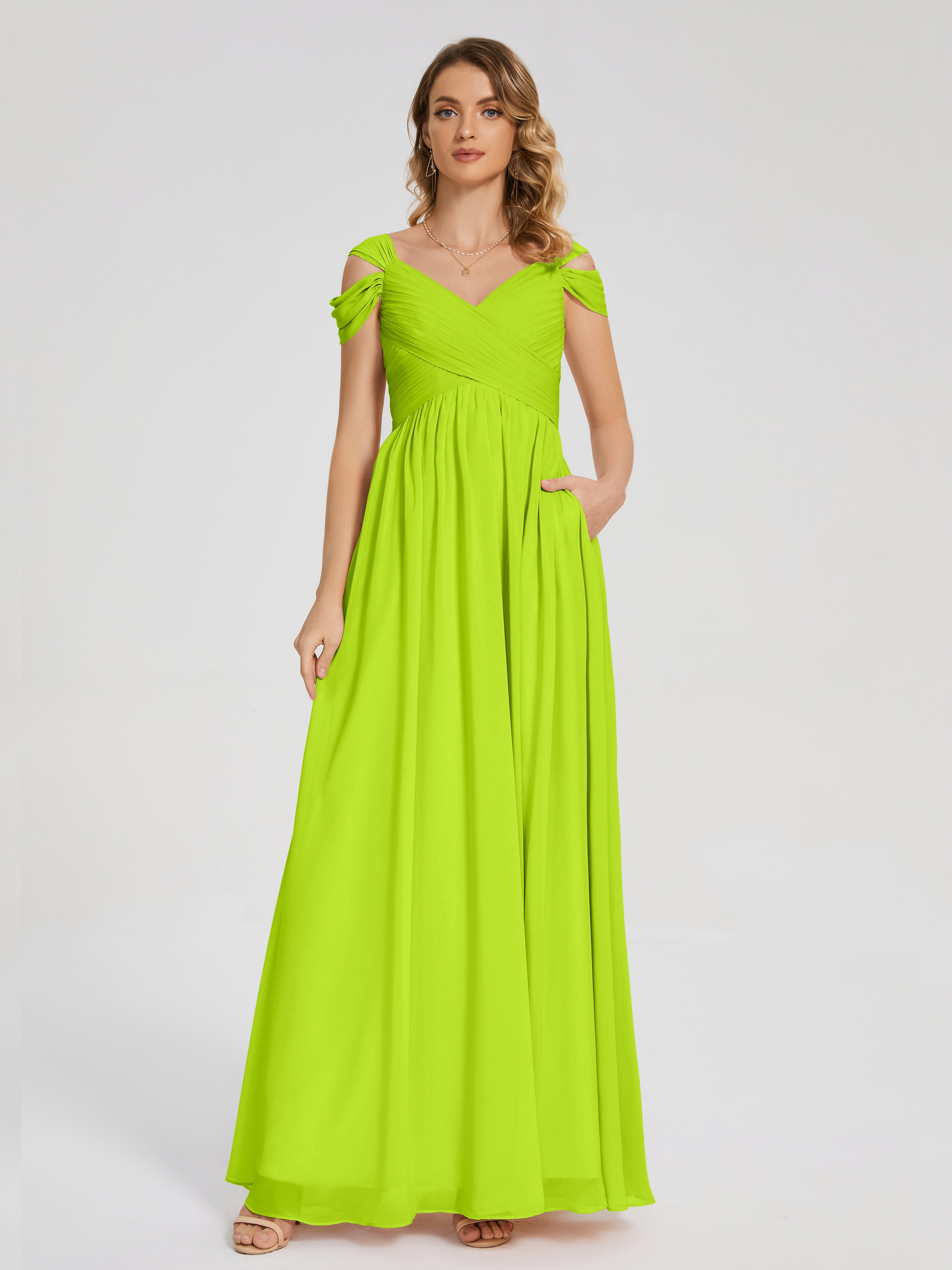 Robes De Demoiselle D'Honneur Vert Citron Fendue Col V Dos En V Mousseline Robes Demoiselle D'Honneur