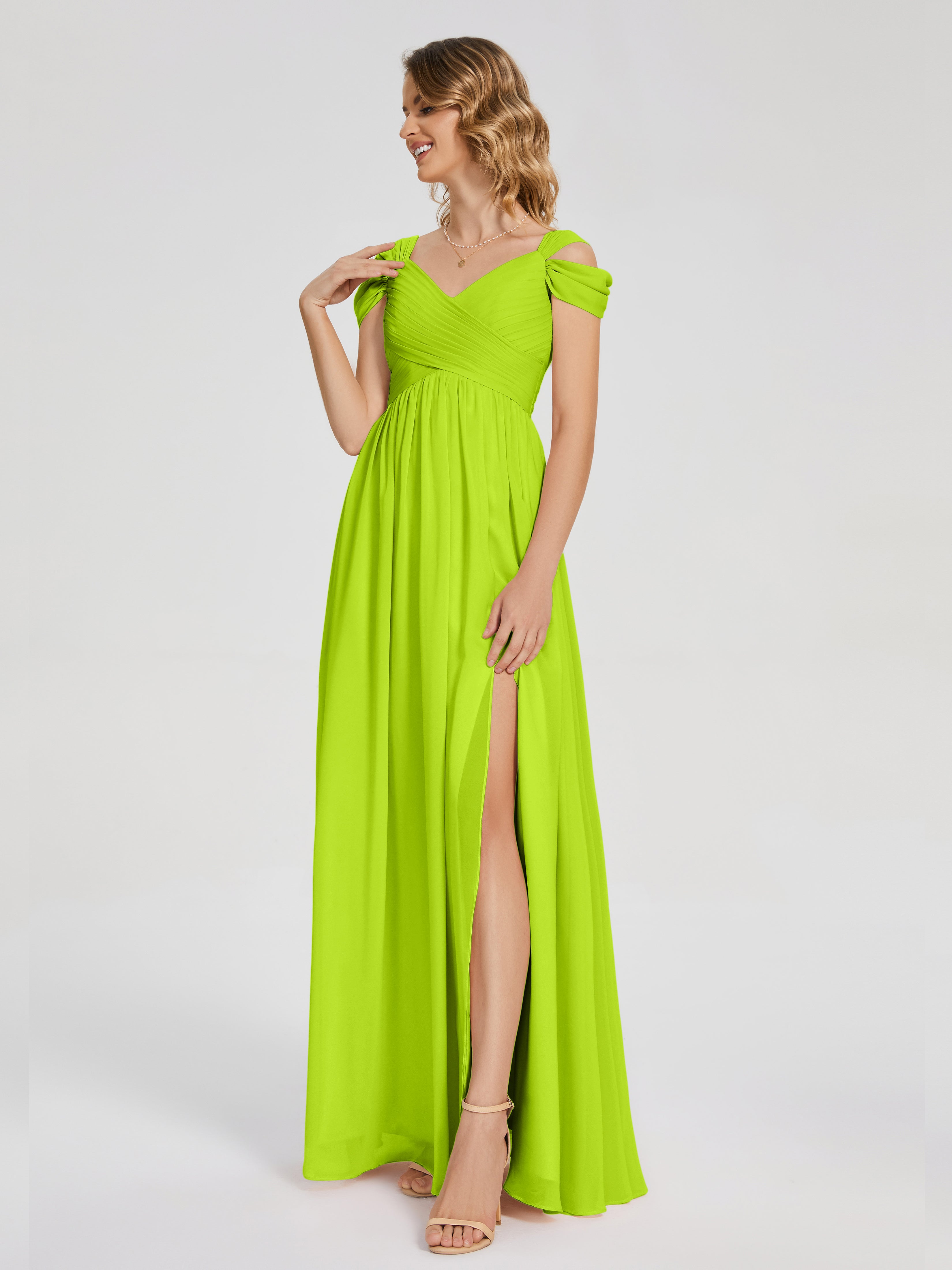 Robes De Demoiselle D'Honneur Vert Citron Fendue Col V Dos En V Mousseline Robes Demoiselle D'Honneur