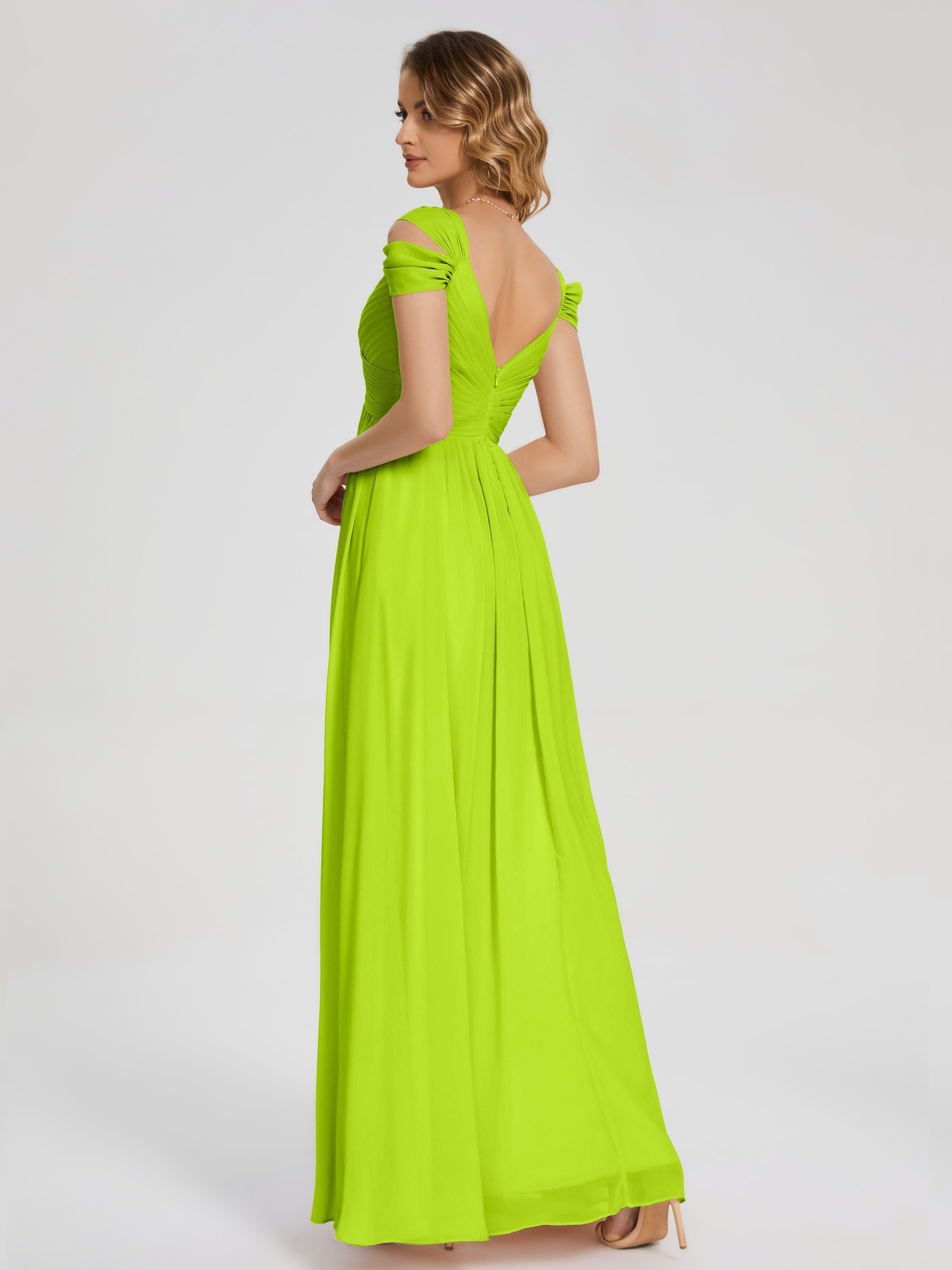 Robes De Demoiselle D'Honneur Vert Citron Fendue Col V Dos En V Mousseline Robes Demoiselle D'Honneur