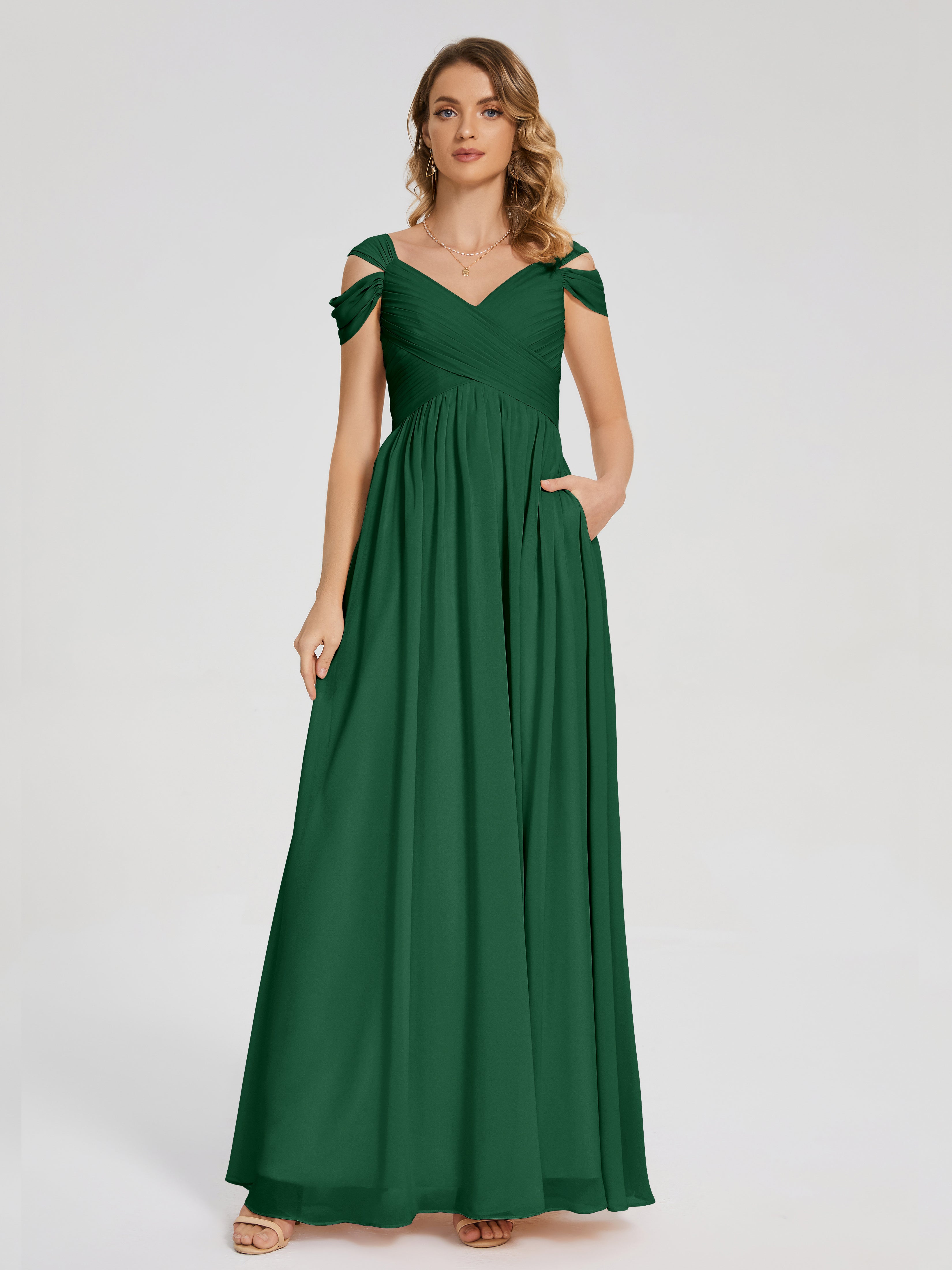 Demoiselle D'Honneur Vert Foncé Fendue Col V Dos En V Mousseline Robes Demoiselle D'Honneur