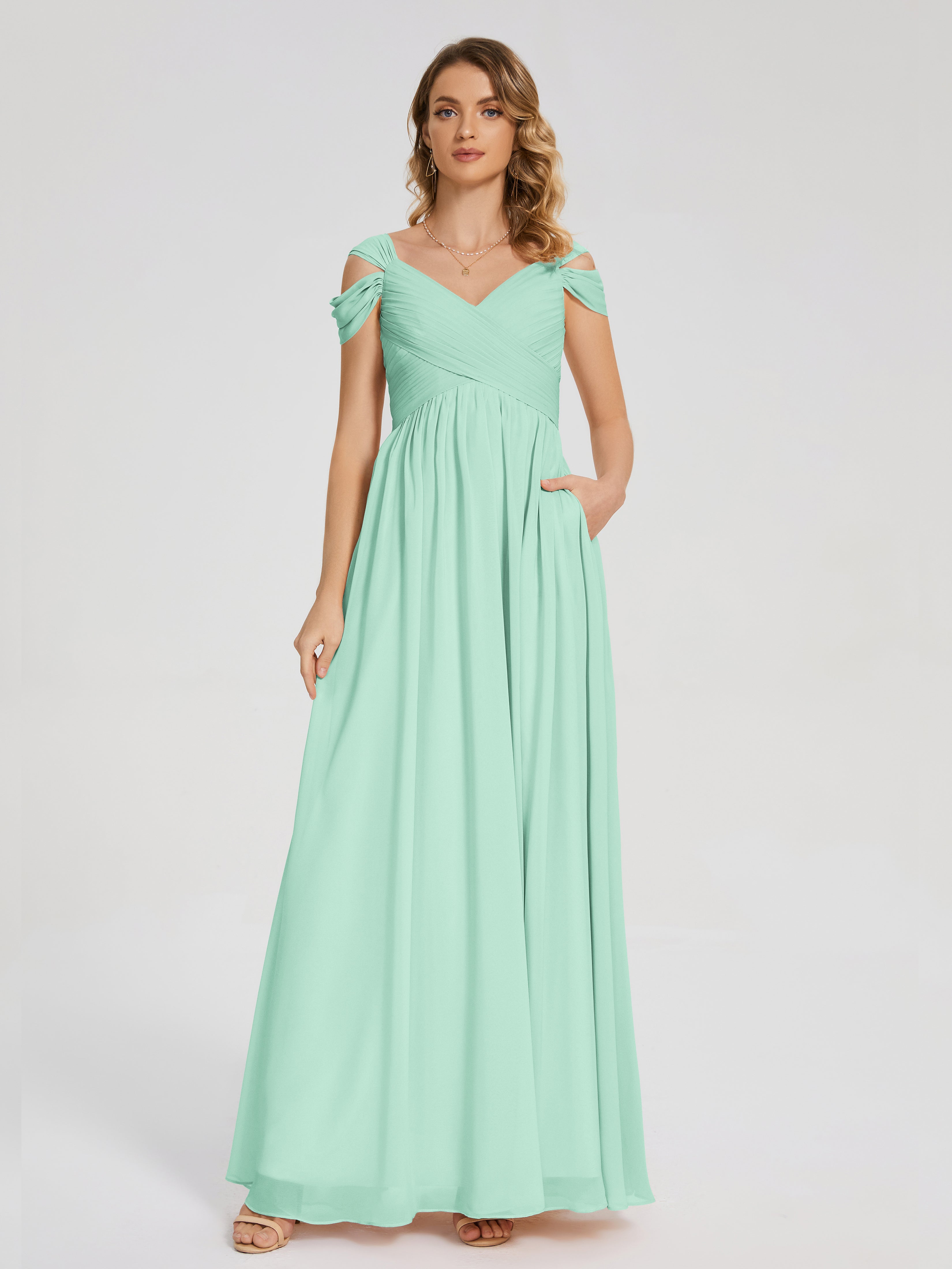 Robe Vert Menthe Demoiselle D Honneur Fendue Col V Dos En V Mousseline Robes Demoiselle D'Honneur