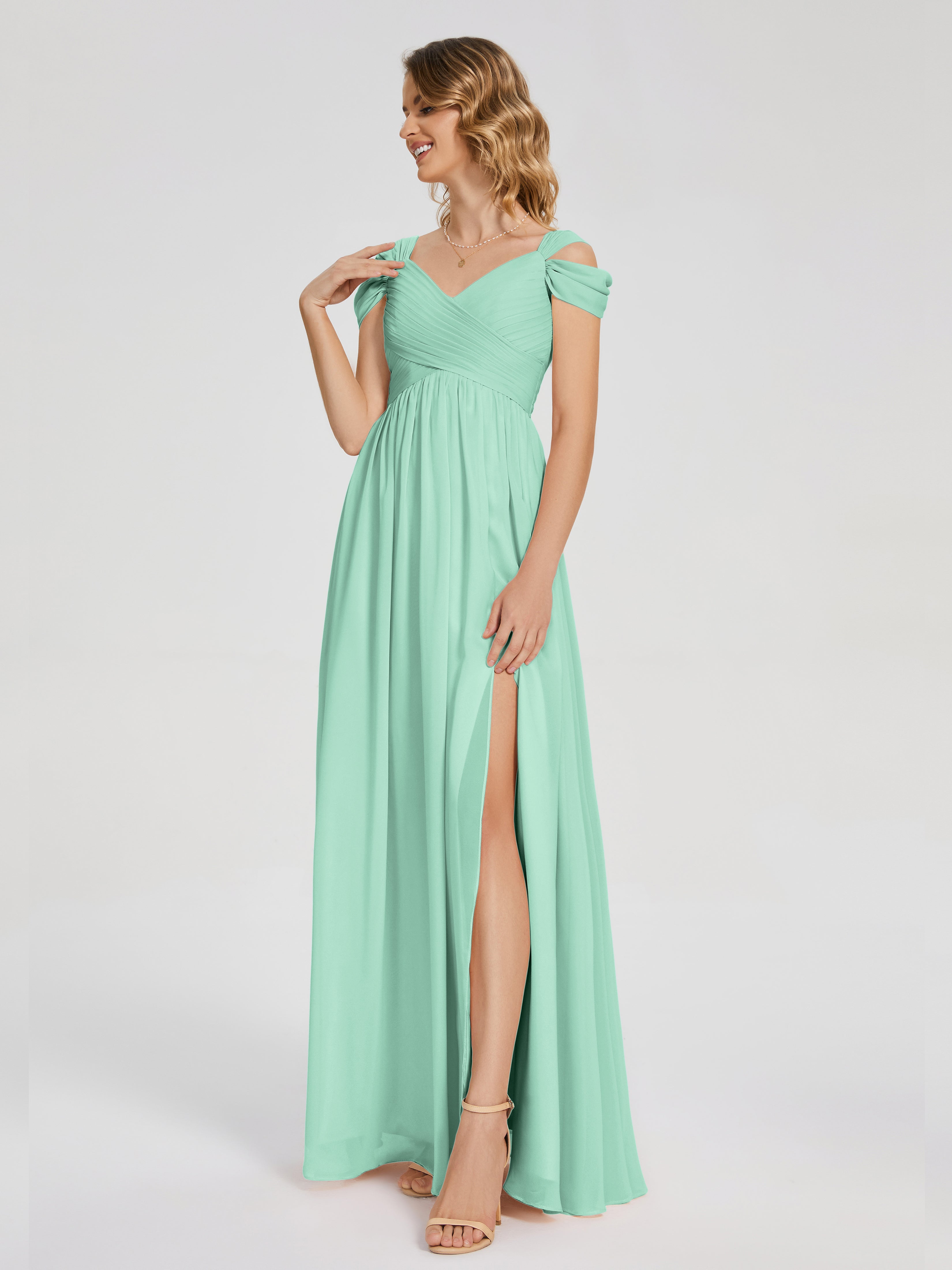 Robe Vert Menthe Demoiselle D Honneur Fendue Col V Dos En V Mousseline Robes Demoiselle D'Honneur