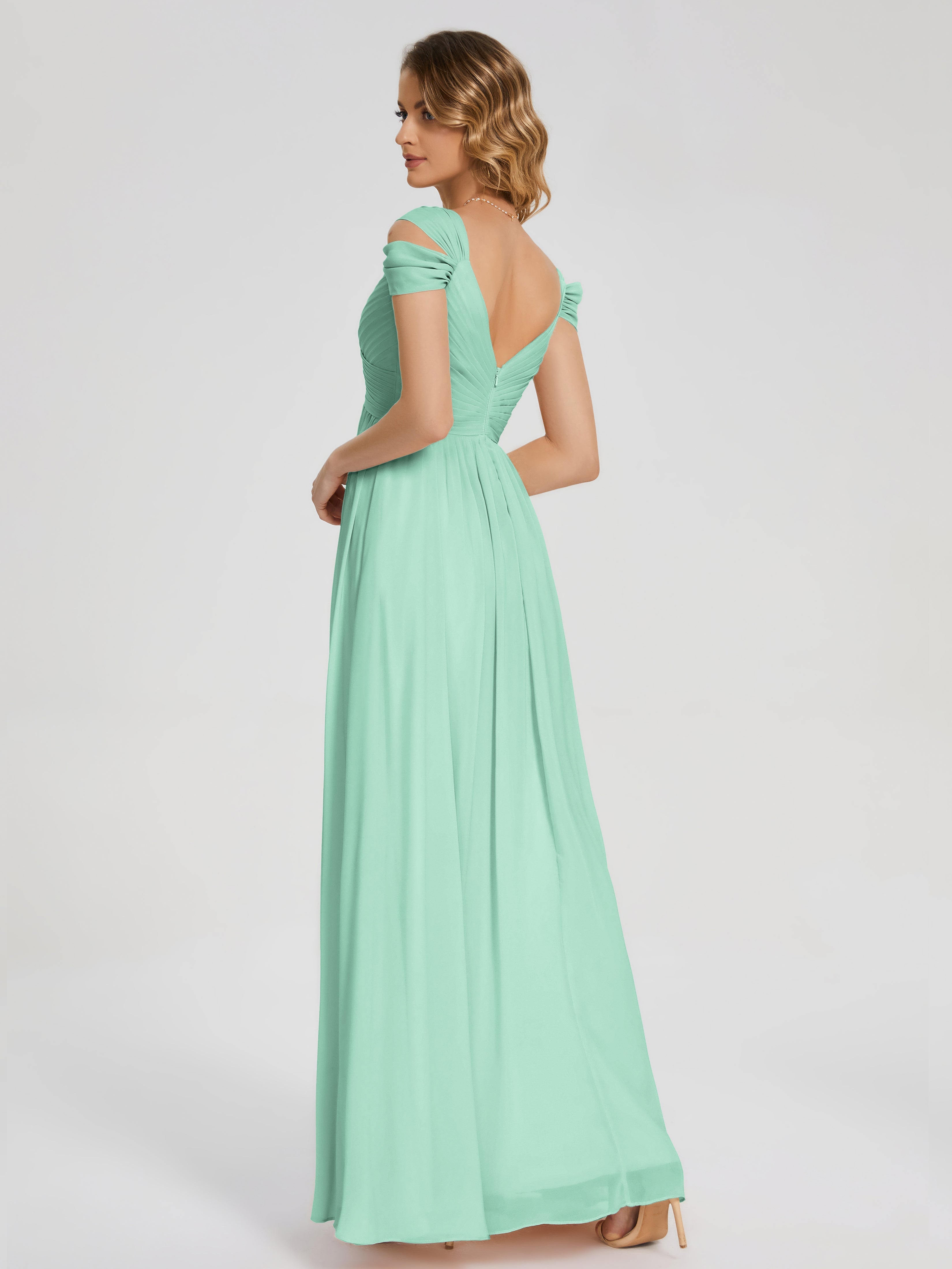 Robe Vert Menthe Demoiselle D Honneur Fendue Col V Dos En V Mousseline Robes Demoiselle D'Honneur