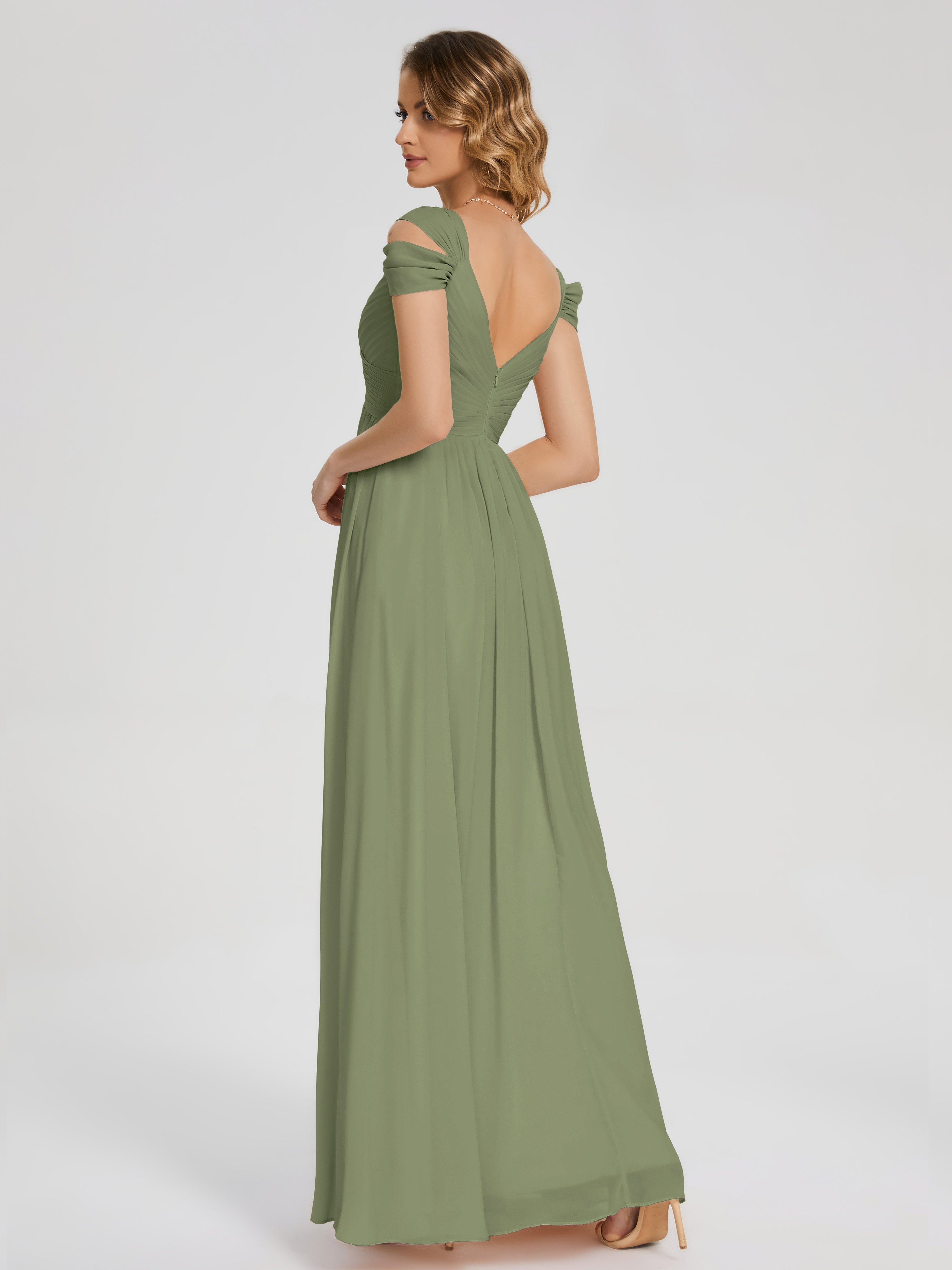 Robes De Demoiselle D'Honneur Vert Olive Clair Fendue Col V Dos En V Mousseline Robes Demoiselle D'Honneur