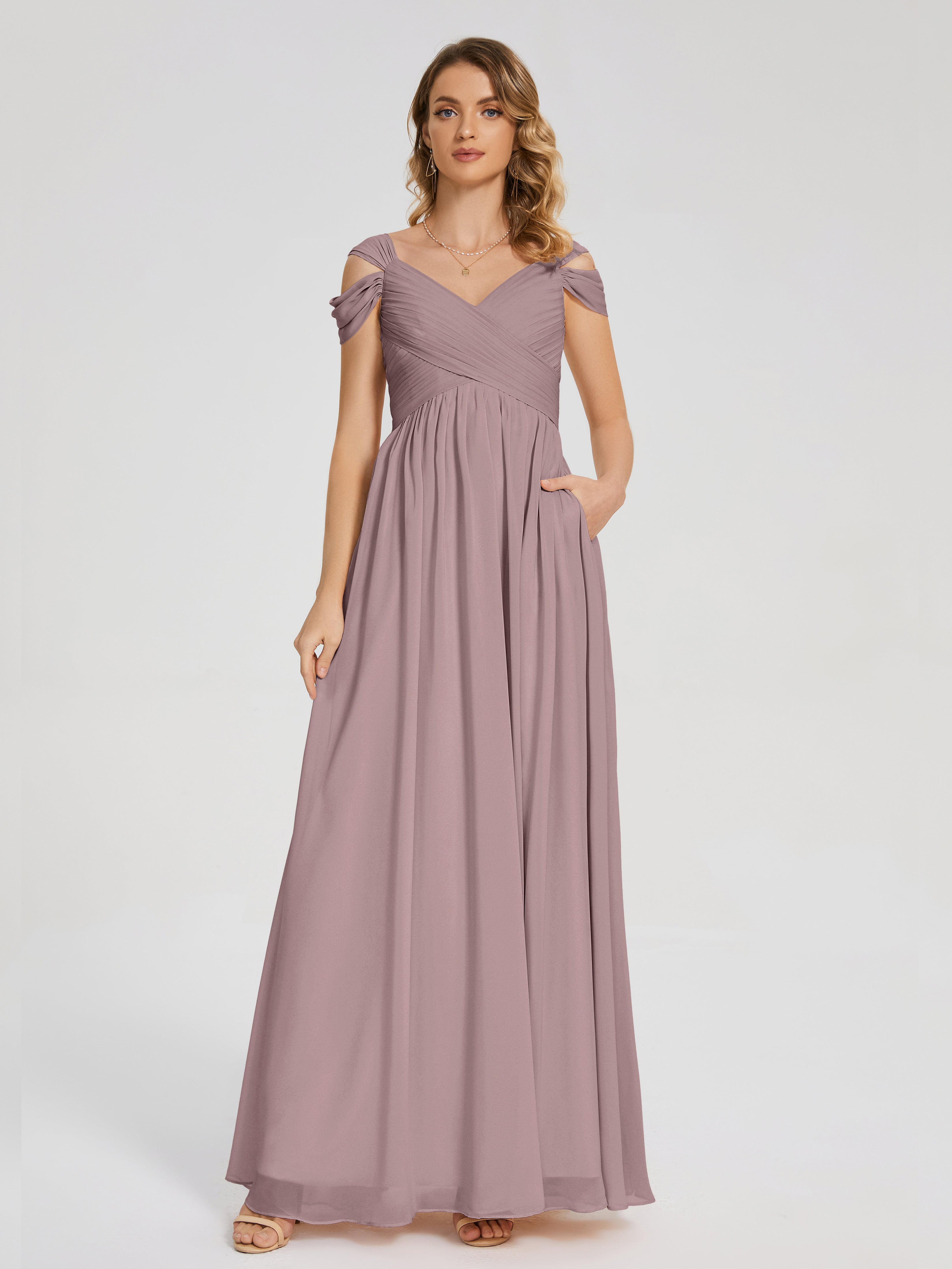 Robes De Demoiselle D'Honneur Vintage Mauve Fendue Col V Dos En V Mousseline Robes Demoiselle D'Honneur