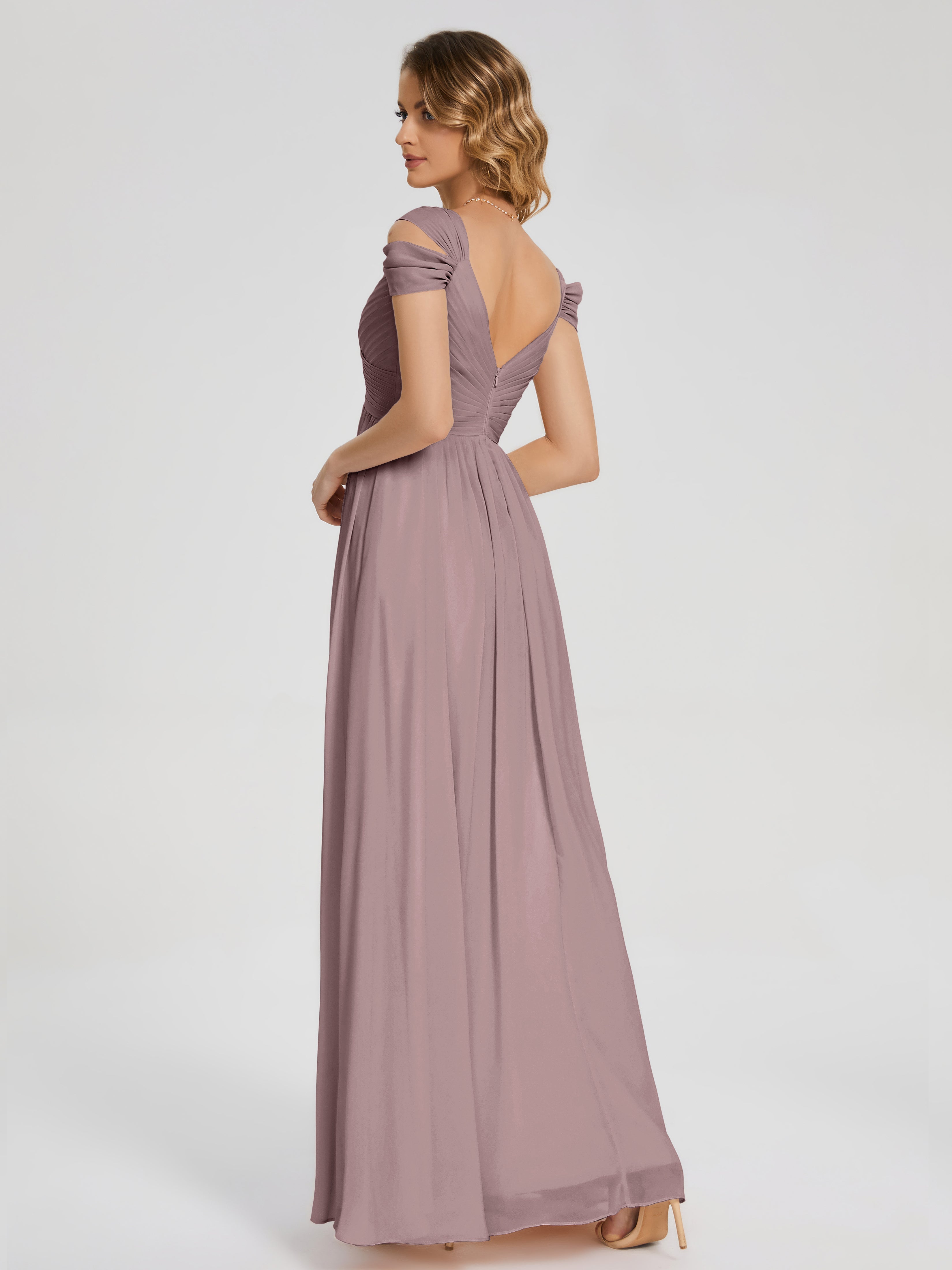 Robes De Demoiselle D'Honneur Vintage Mauve Fendue Col V Dos En V Mousseline Robes Demoiselle D'Honneur