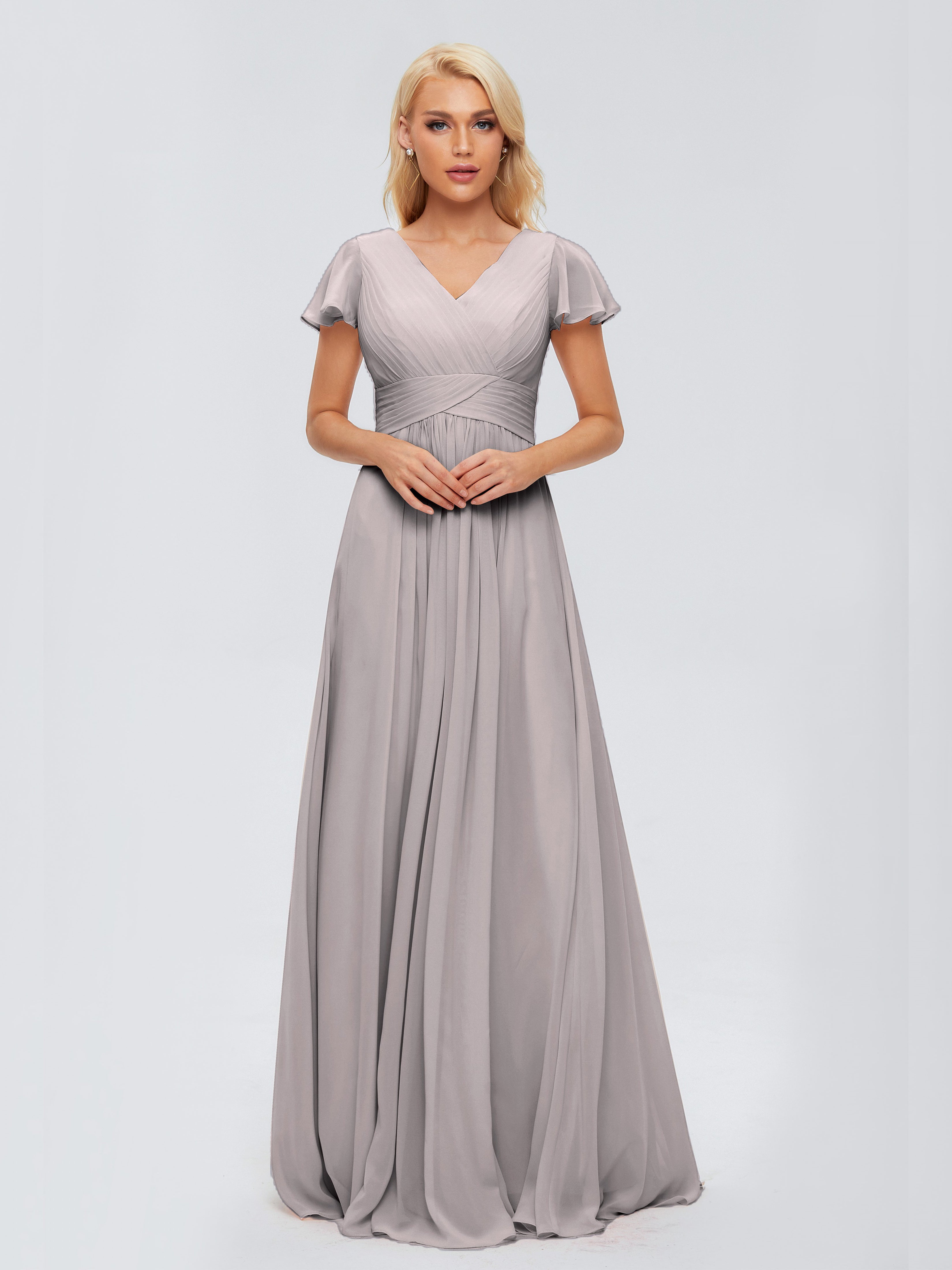 Robe Argentée Demoiselle D Honneur Trapèze Col V Mousseline Robes Demoiselle D'Honneur