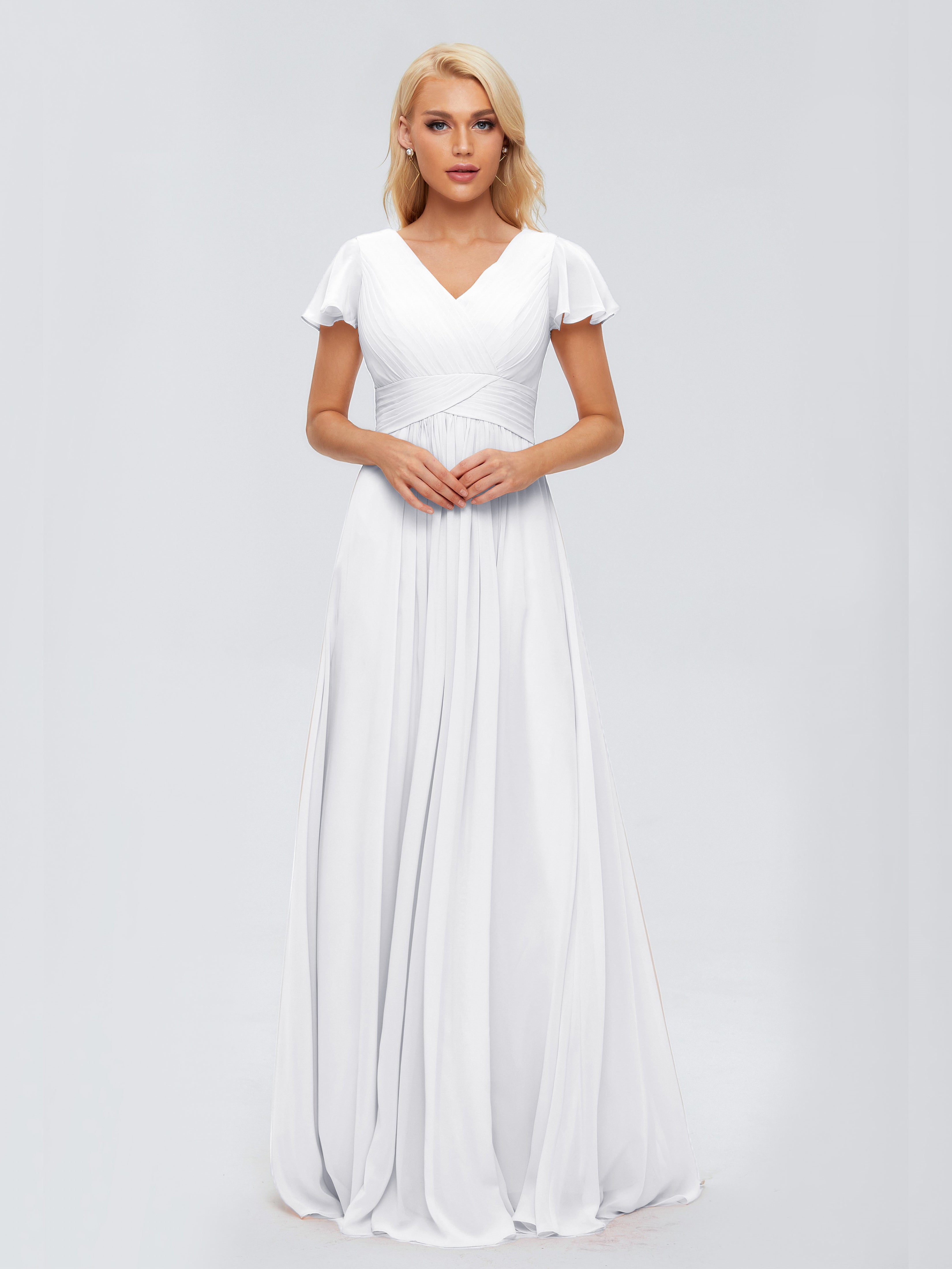 Robe De Demoiselle D Honneur Blanche Trapèze Col V Mousseline Robes Demoiselle D'Honneur