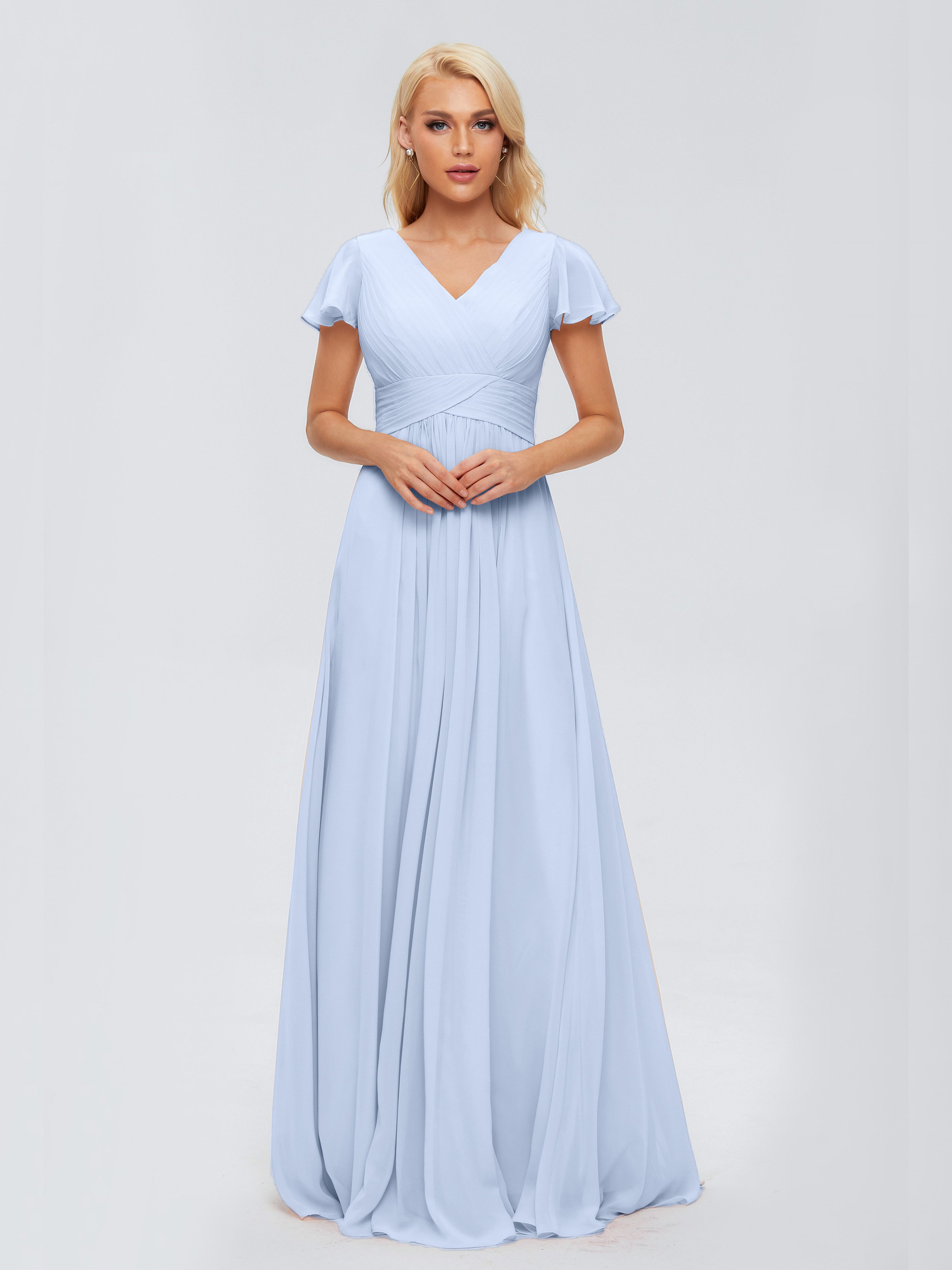 Demoiselle D Honneur Bleu Ciel Trapèze Col V Mousseline Robes Demoiselle D'Honneur
