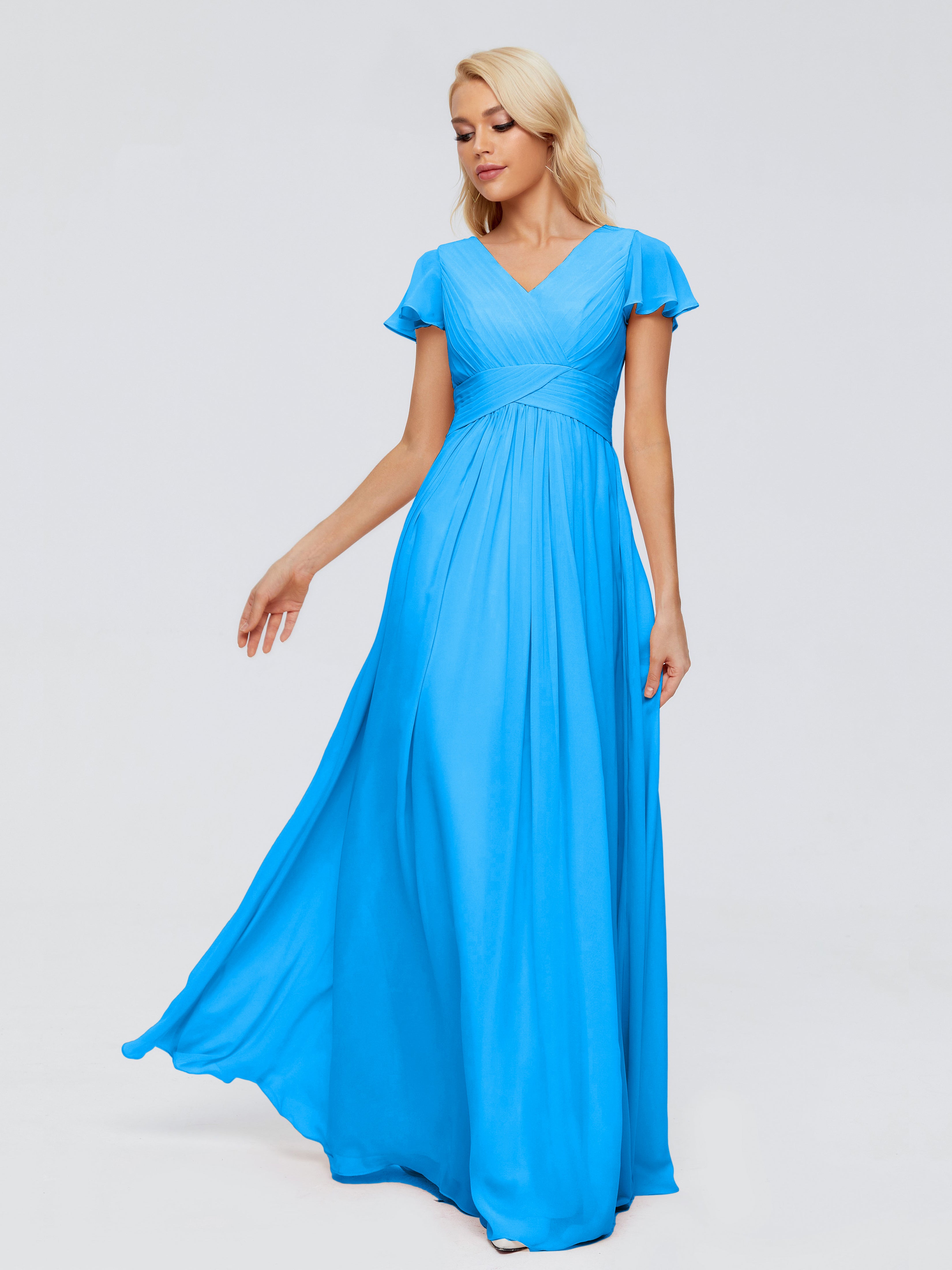 Robes De Demoiselle D'Honneur Bleu Océan Trapèze Col V Mousseline Robes Demoiselle D'Honneur