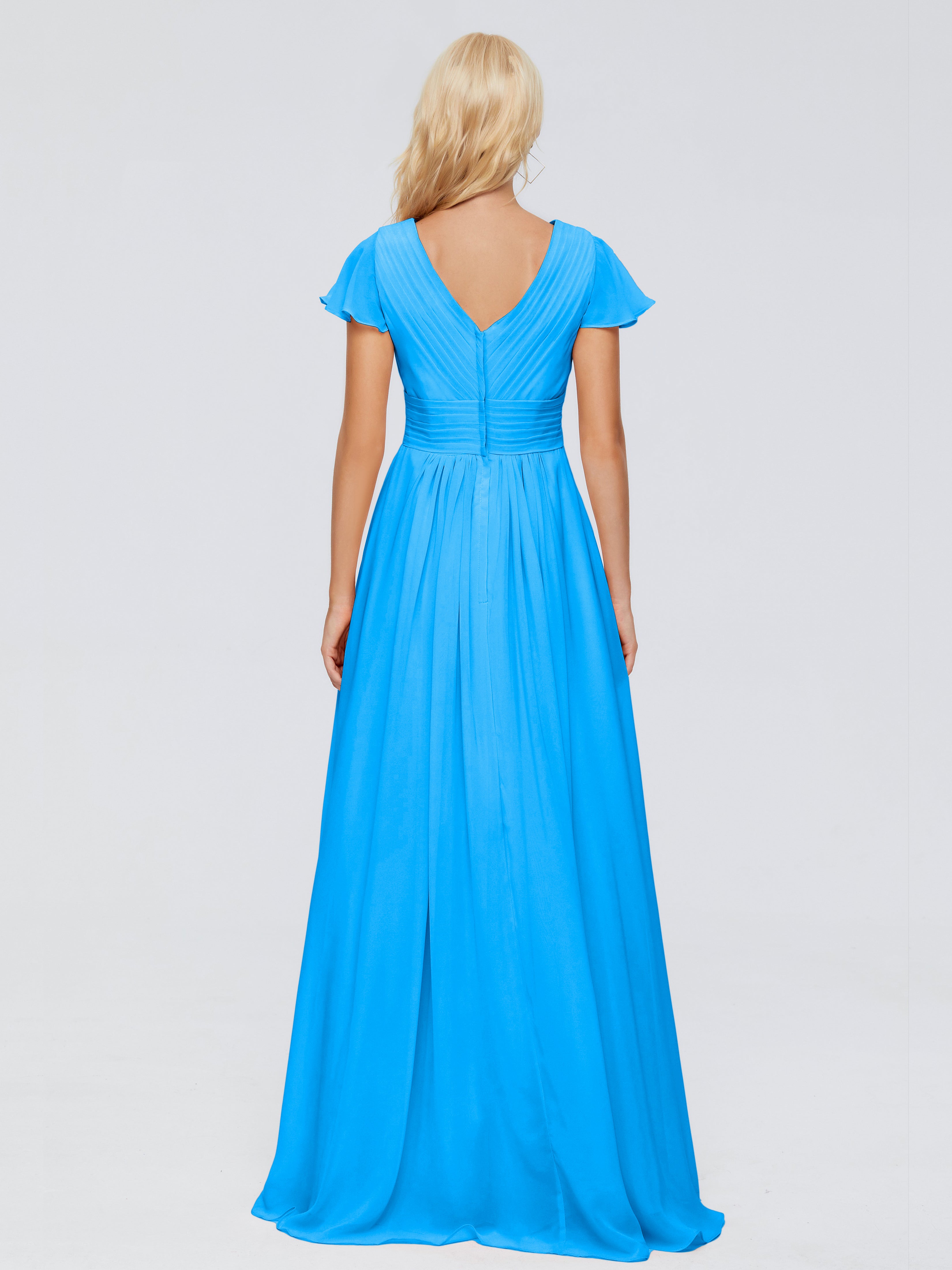 Robes De Demoiselle D'Honneur Bleu Océan Trapèze Col V Mousseline Robes Demoiselle D'Honneur