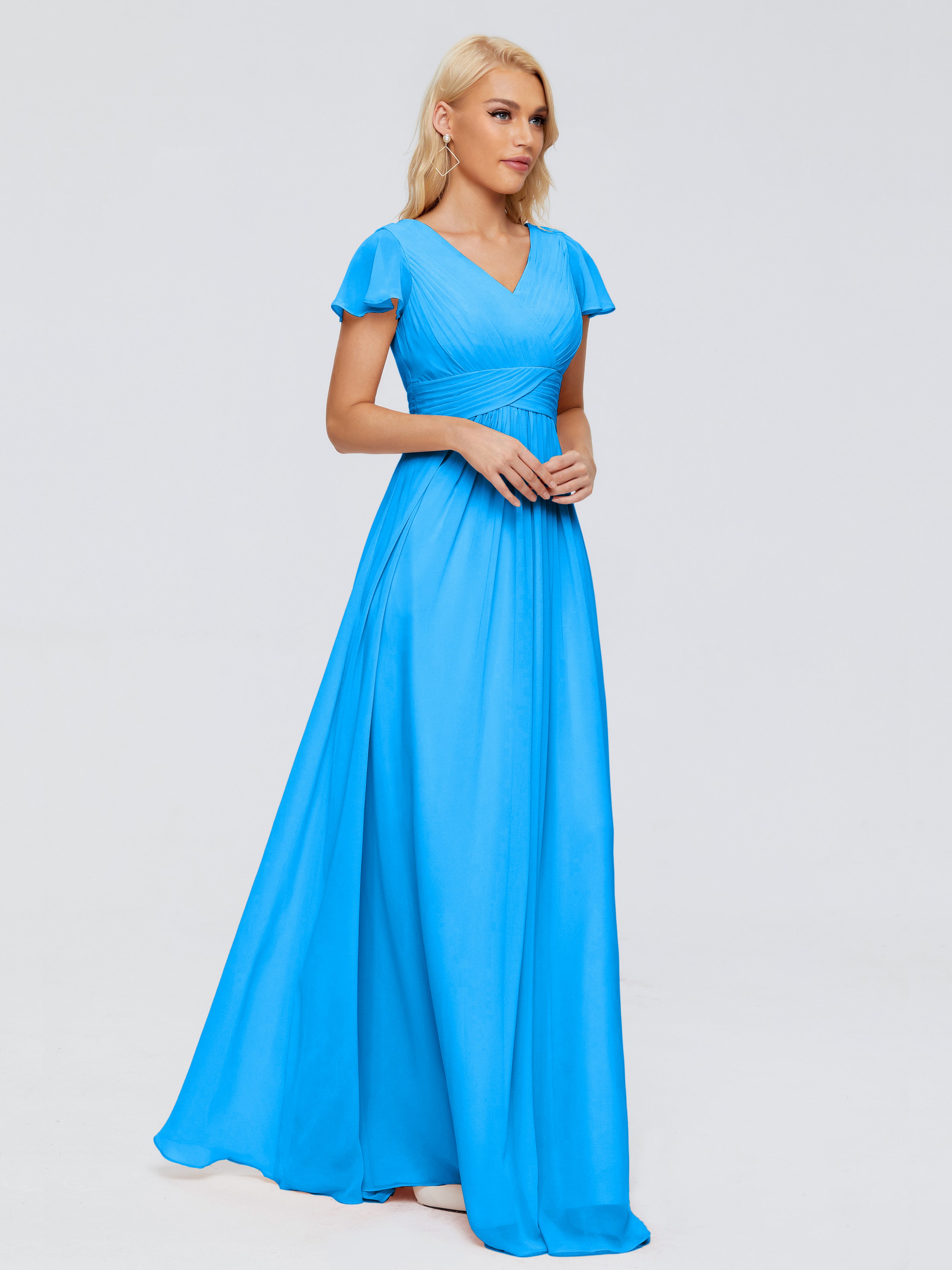 Robes De Demoiselle D'Honneur Bleu Océan Trapèze Col V Mousseline Robes Demoiselle D'Honneur