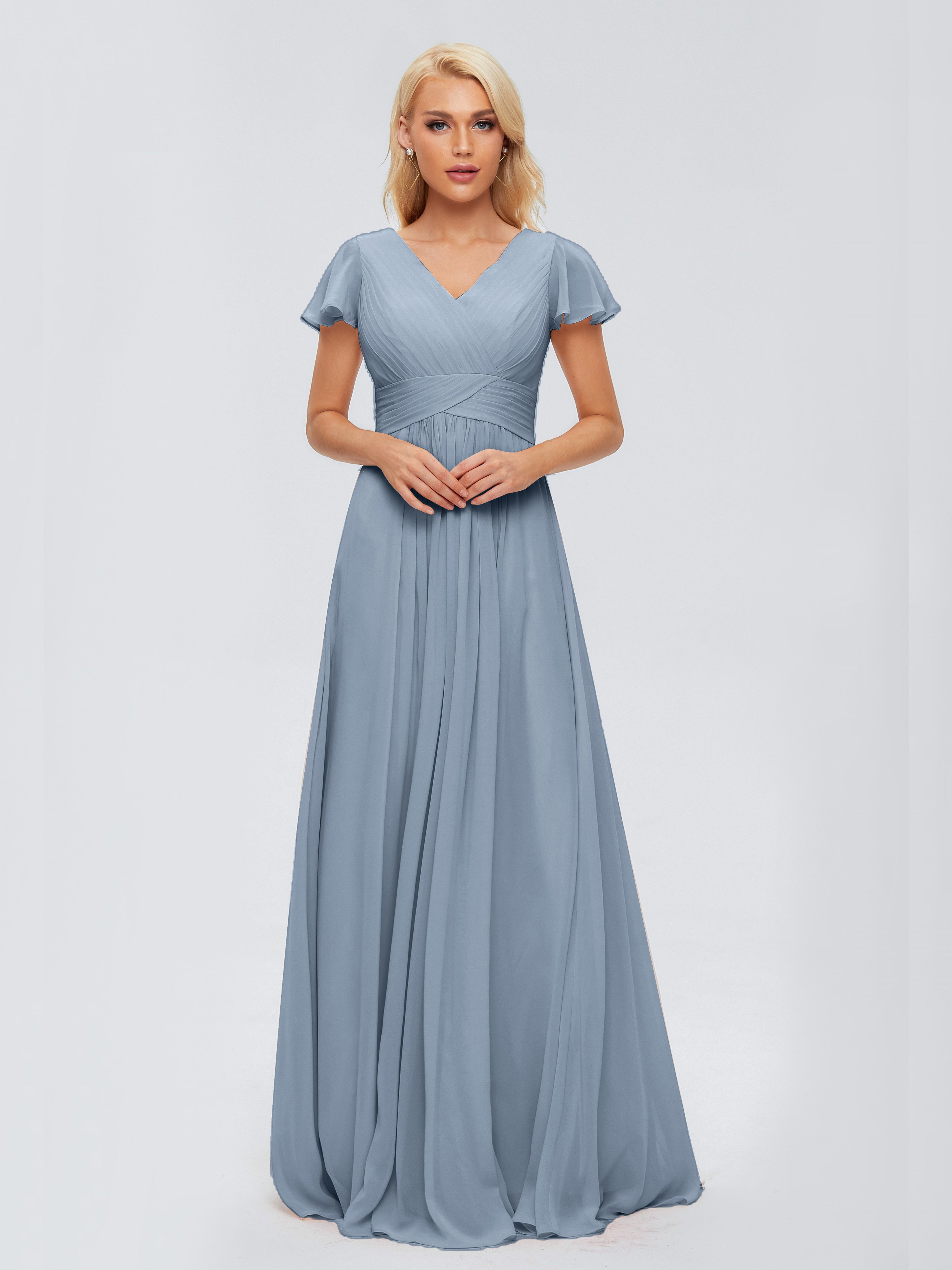 Robes De Demoiselle D'Honneur Bleu Gris Trapèze Col V Mousseline Robes Demoiselle D'Honneur