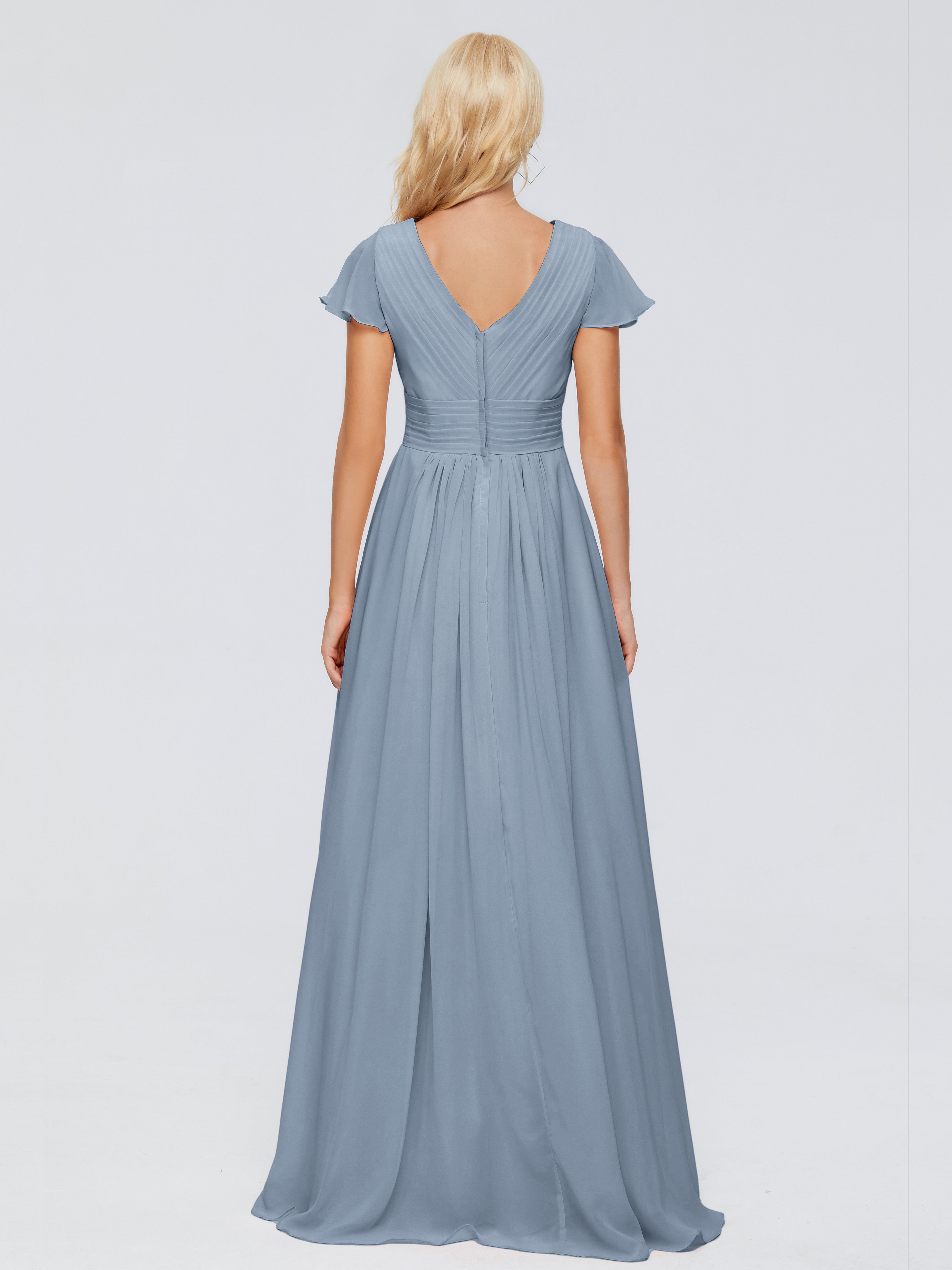 Robes De Demoiselle D'Honneur Bleu Gris Trapèze Col V Mousseline Robes Demoiselle D'Honneur