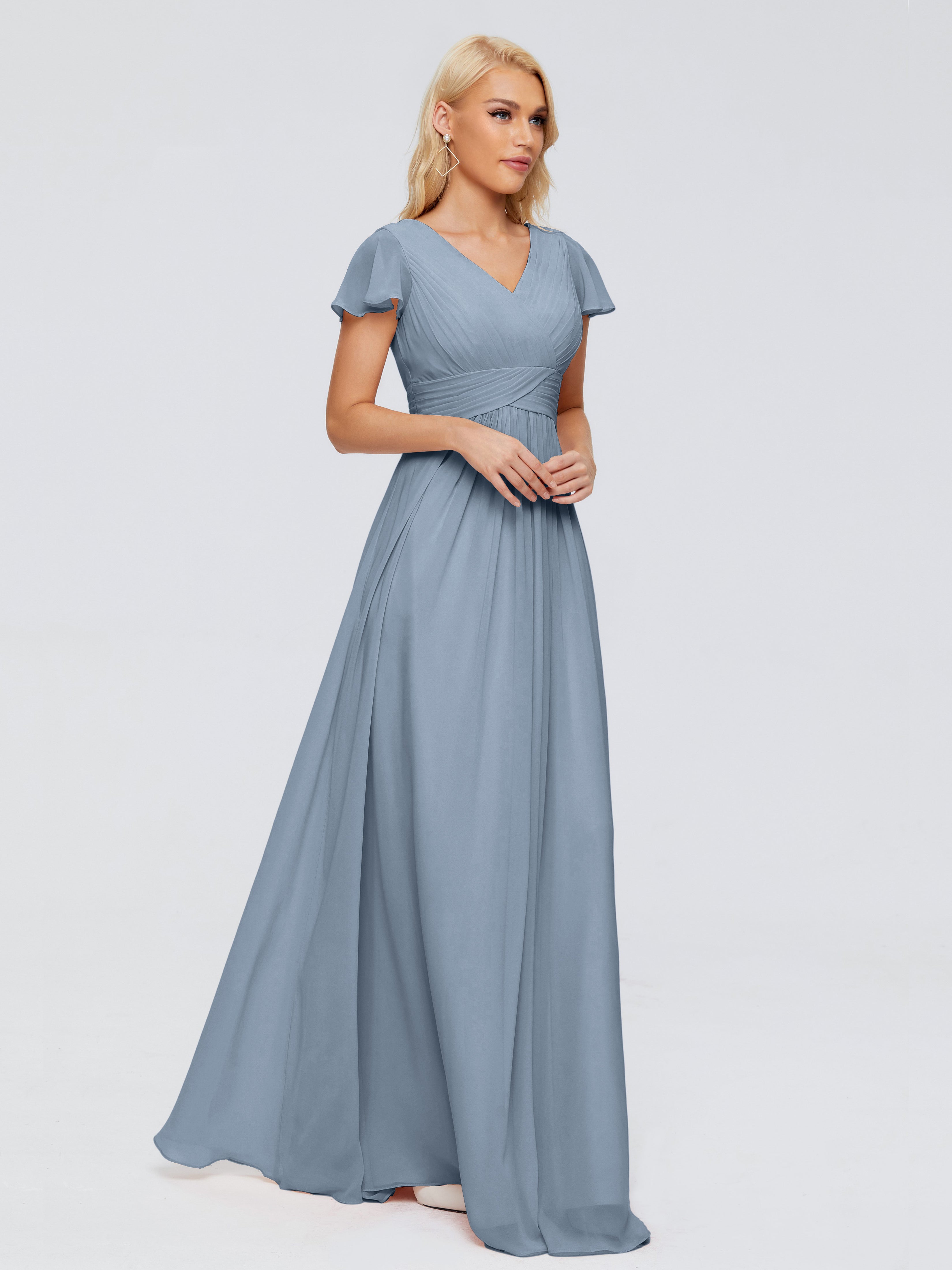 Robes De Demoiselle D'Honneur Bleu Gris Trapèze Col V Mousseline Robes Demoiselle D'Honneur