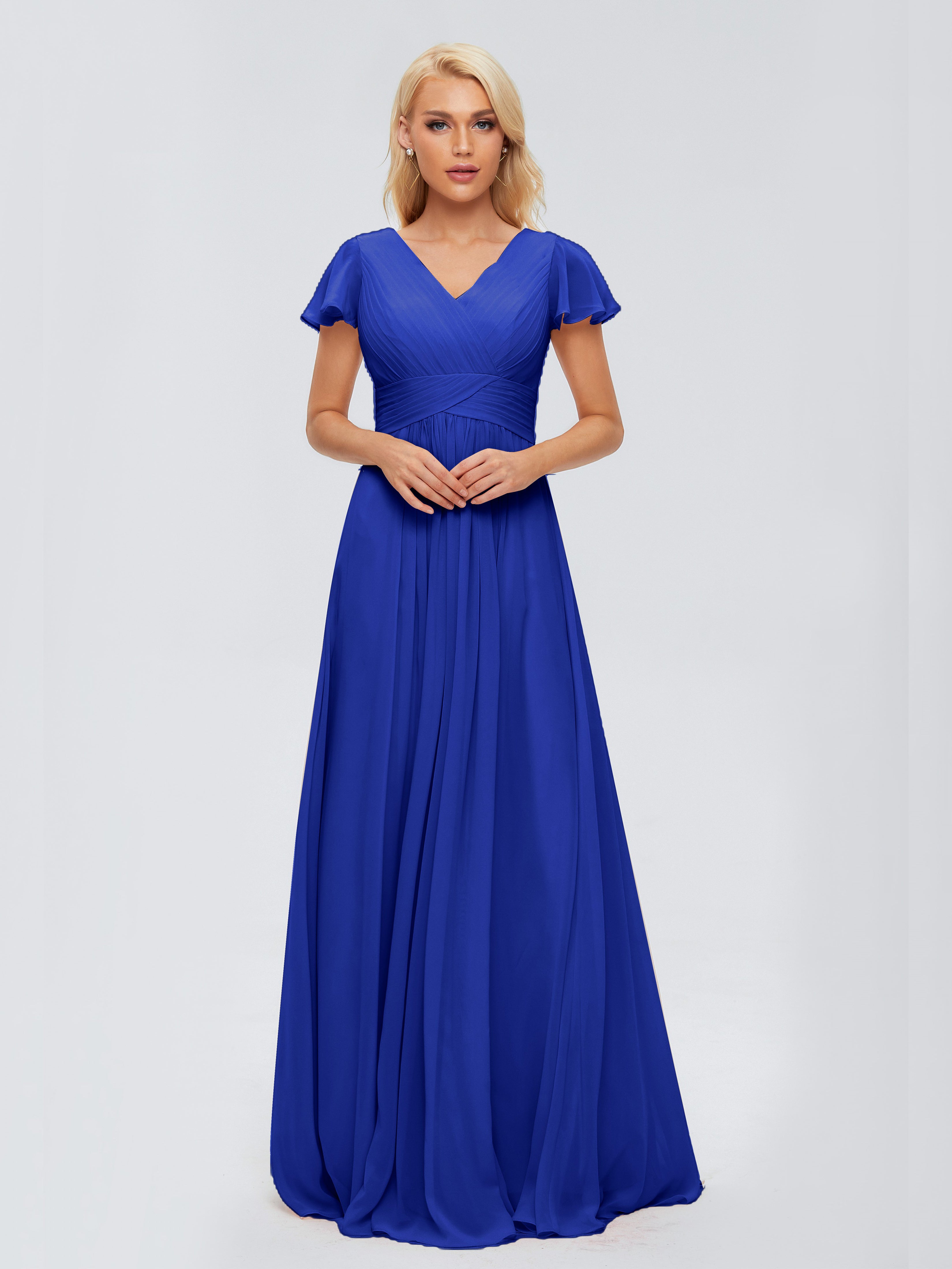 Robe De Demoiselle D Honneur Bleu Royal Trapèze Col V Mousseline Robes Demoiselle D'Honneur