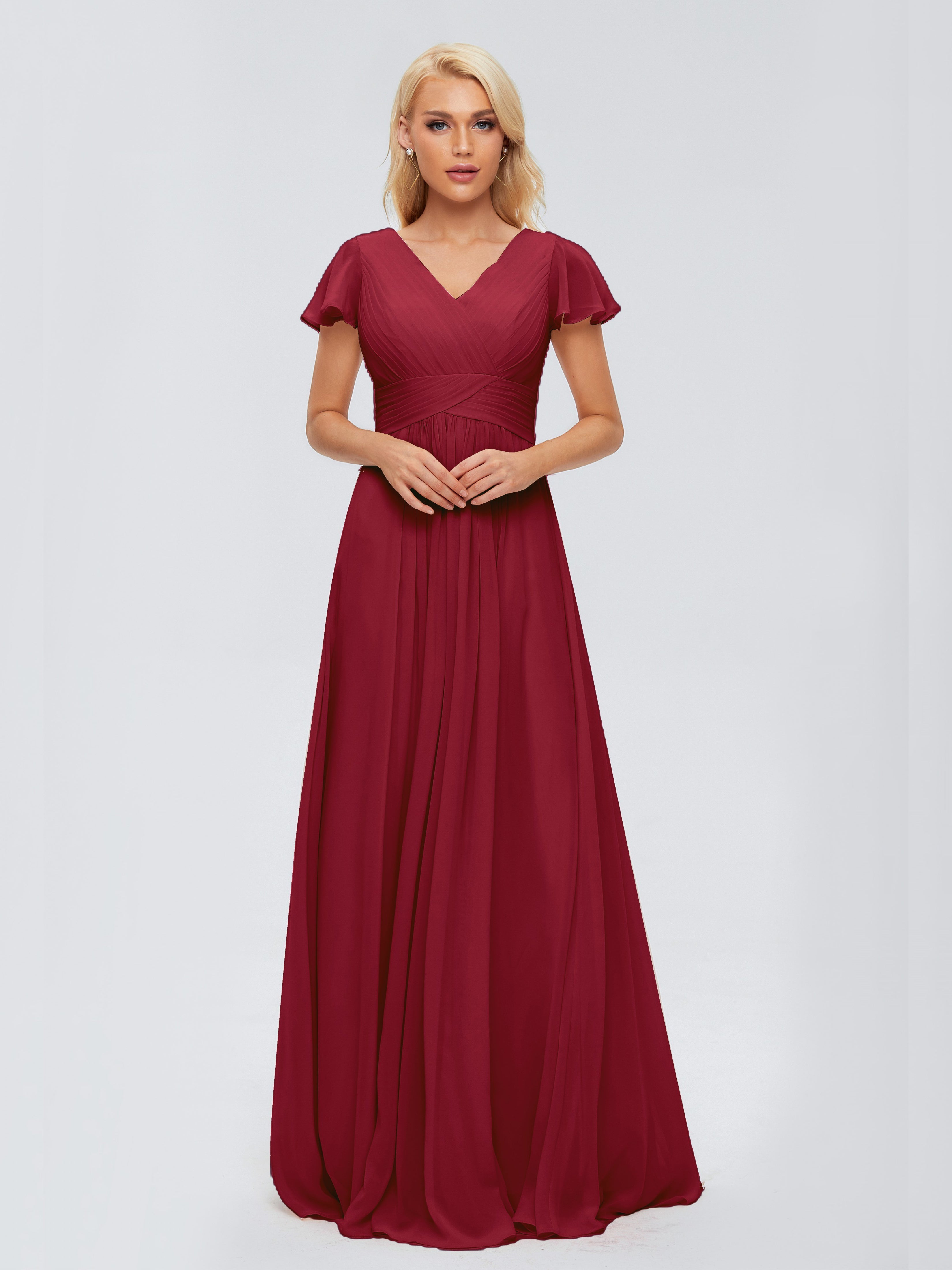 Robe Bordeaux Mariage Demoiselle D Honneur Trapèze Col V Mousseline Robes Demoiselle D'Honneur