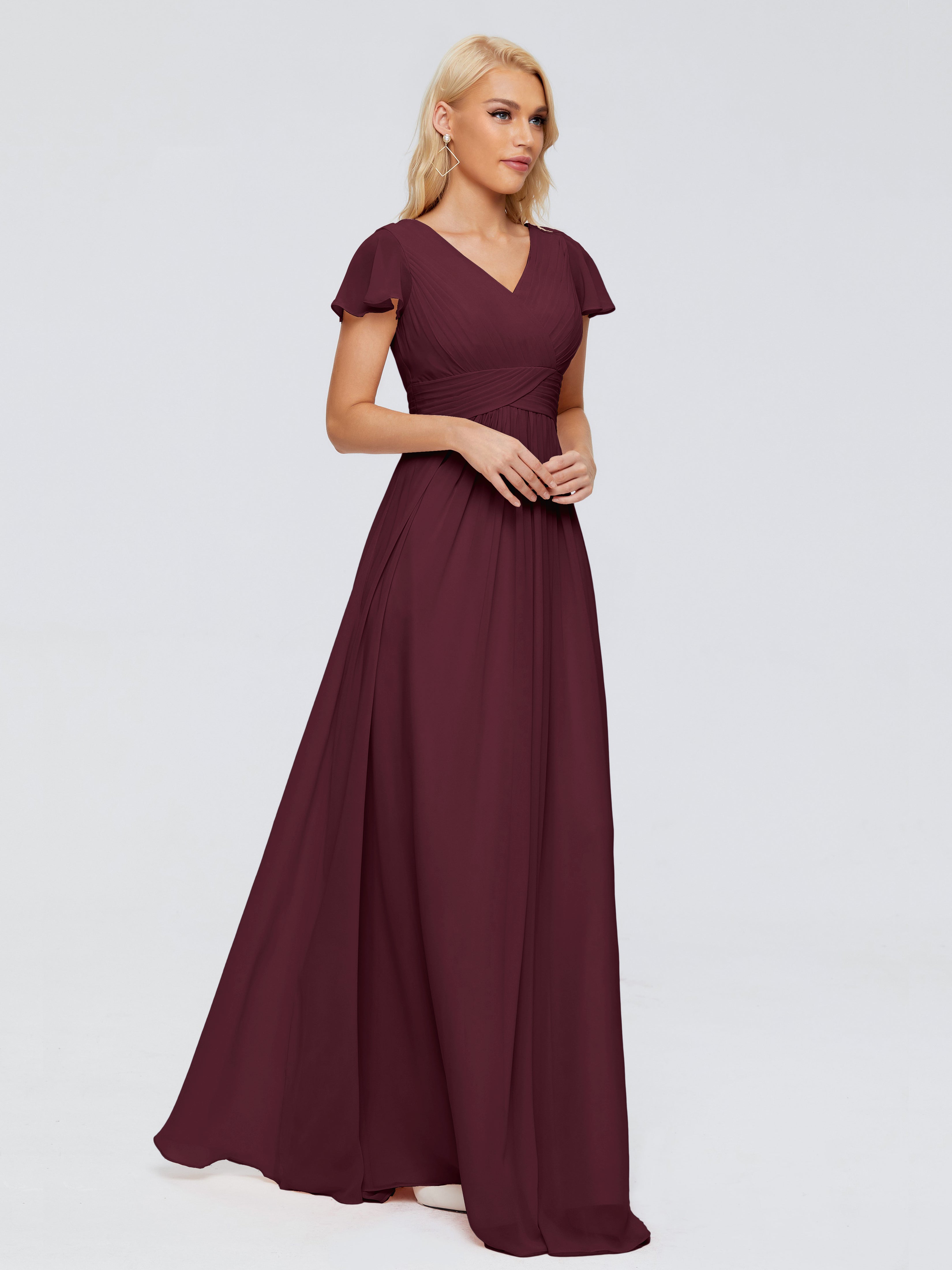 Robes De Demoiselle D'Honneur Cabernet Trapèze Col V Mousseline Robes Demoiselle D'Honneur