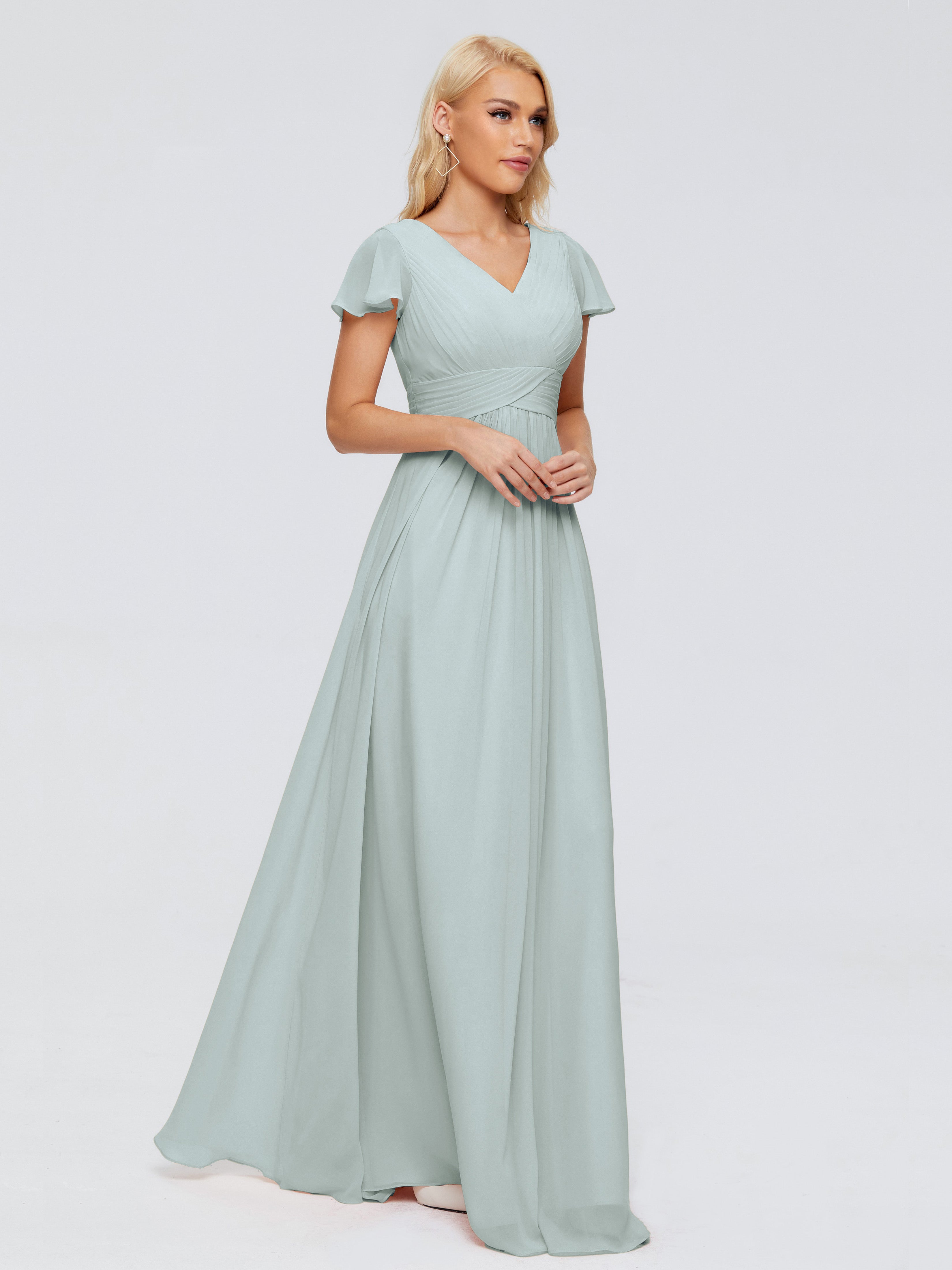 Robes De Demoiselle D'Honneur Celadon Trapèze Col V Mousseline Robes Demoiselle D'Honneur