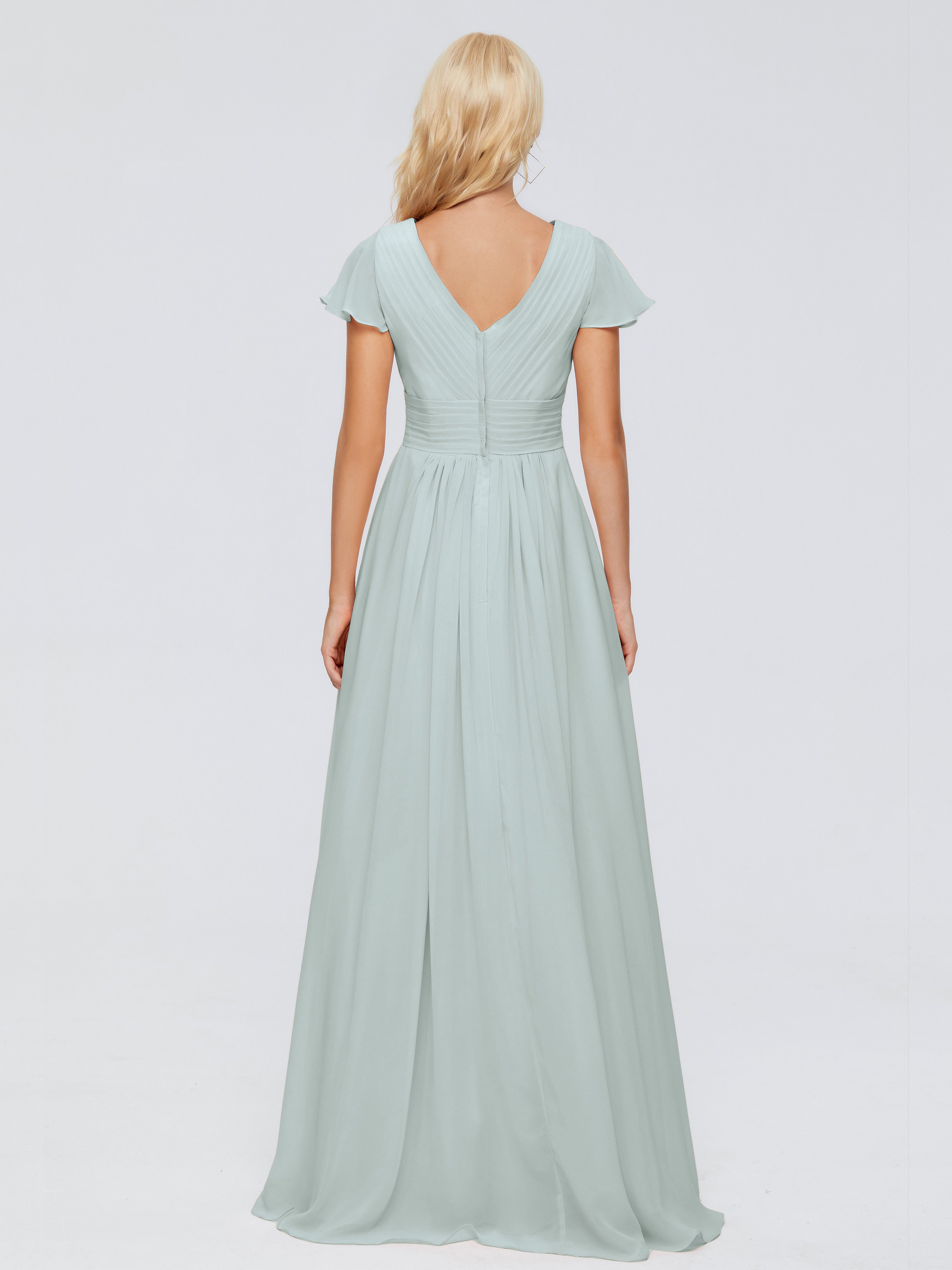 Robes De Demoiselle D'Honneur Celadon Trapèze Col V Mousseline Robes Demoiselle D'Honneur