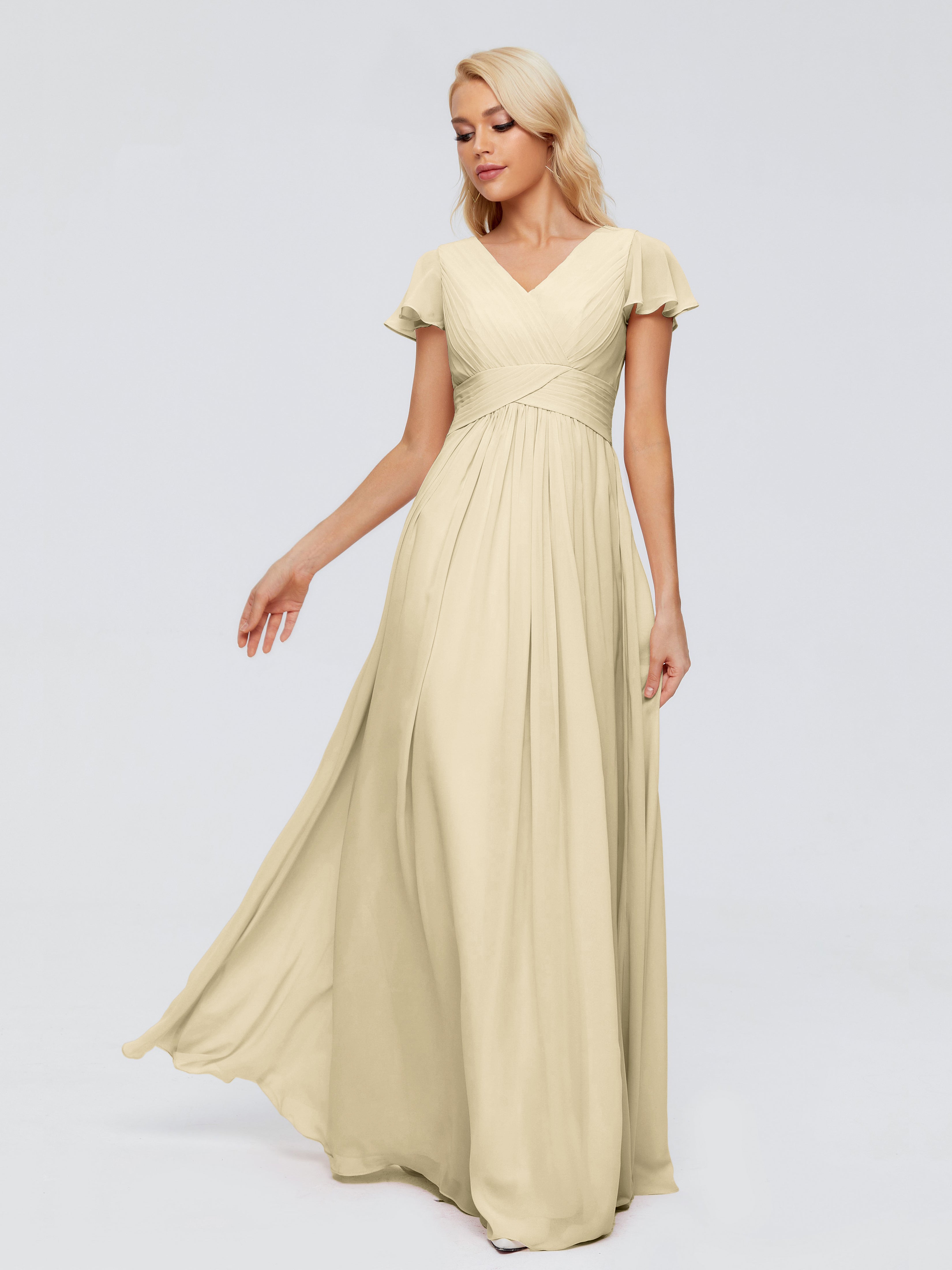 Robe Demoiselle D Honneur Couleur Champagne Trapèze Col V Mousseline Robes Demoiselle D'Honneur