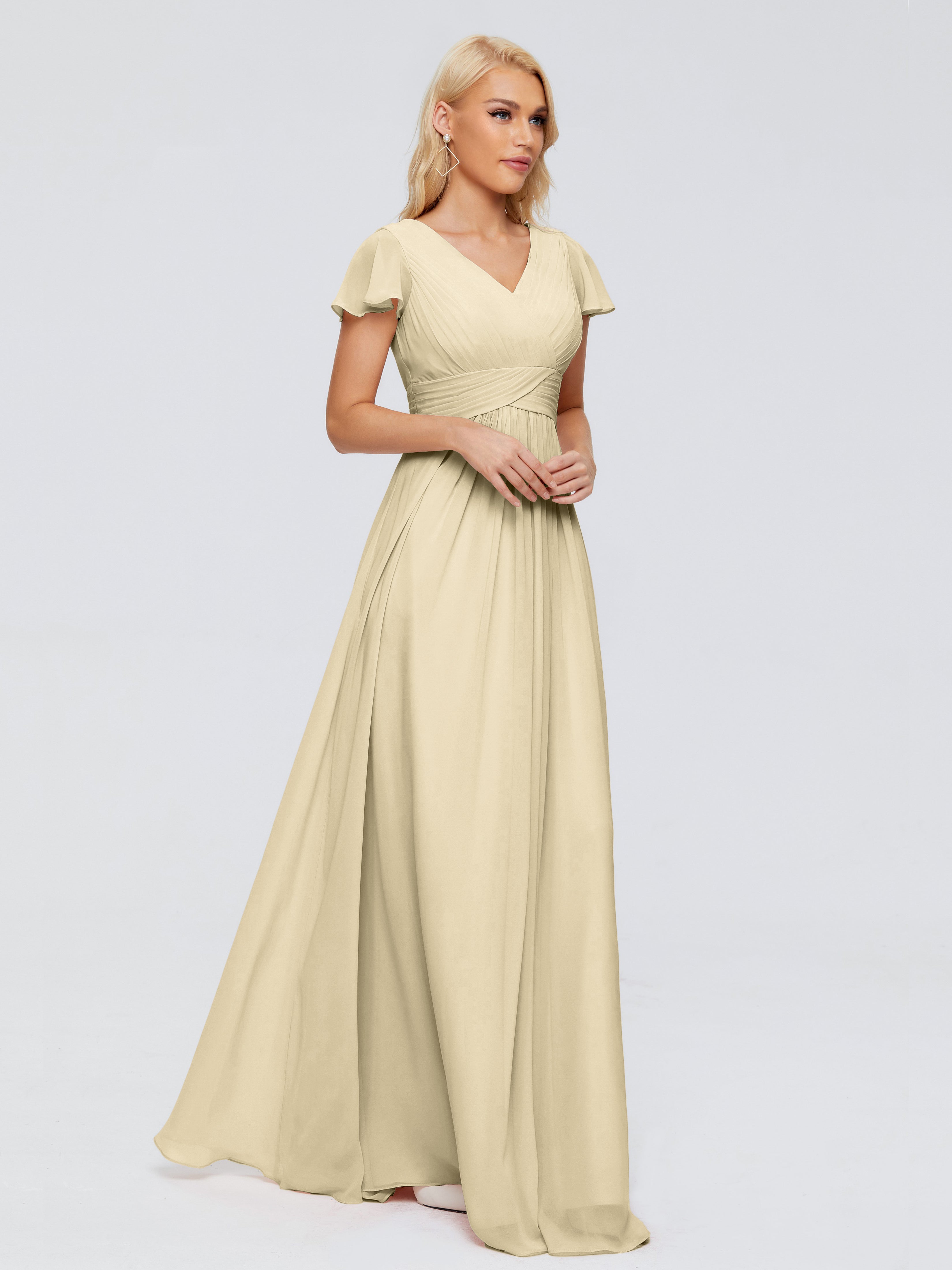 Robe Demoiselle D Honneur Couleur Champagne Trapèze Col V Mousseline Robes Demoiselle D'Honneur