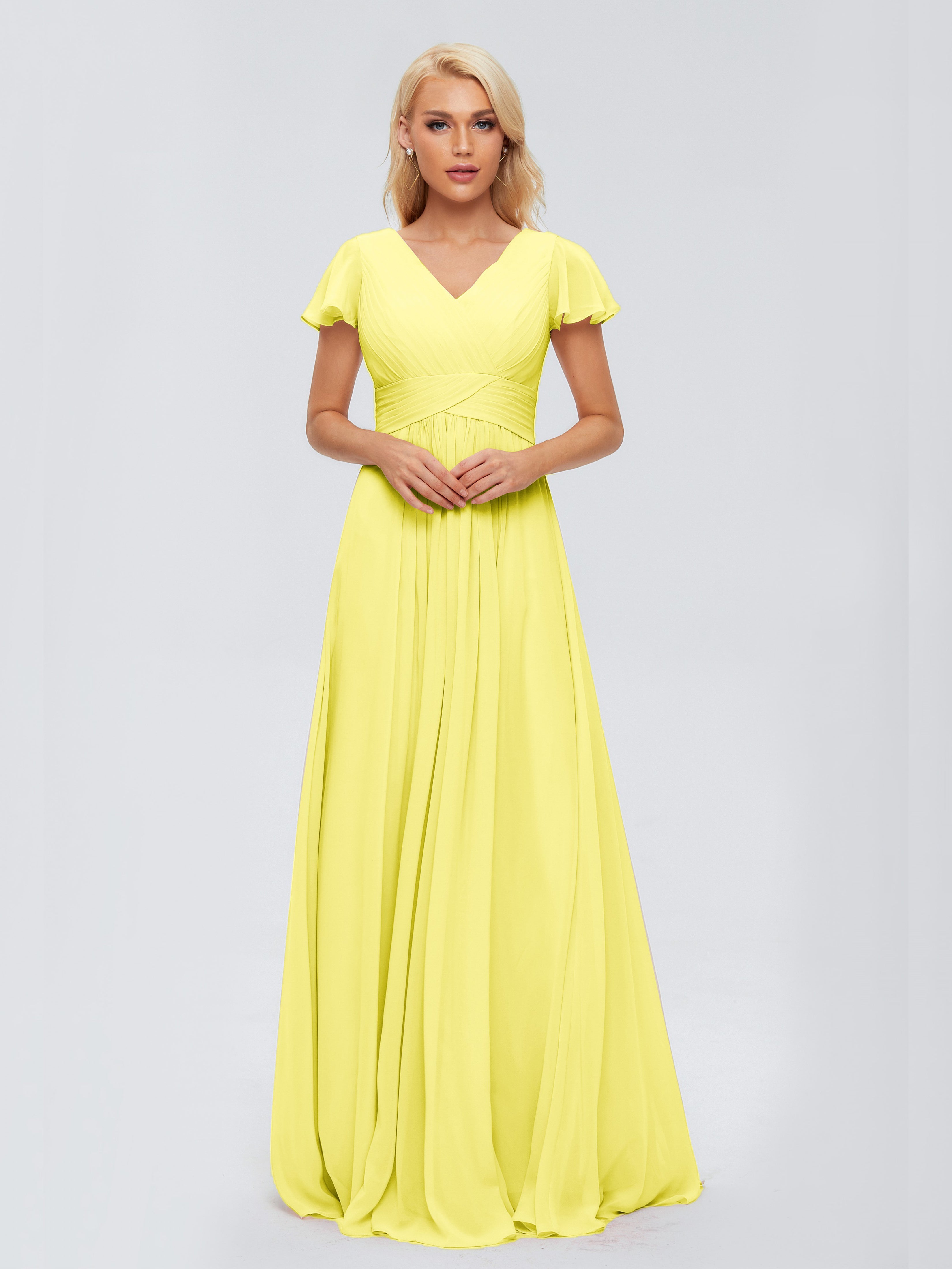 Robes De Demoiselle D'Honneur Jaune Citron Trapèze Col V Mousseline Robes Demoiselle D'Honneur