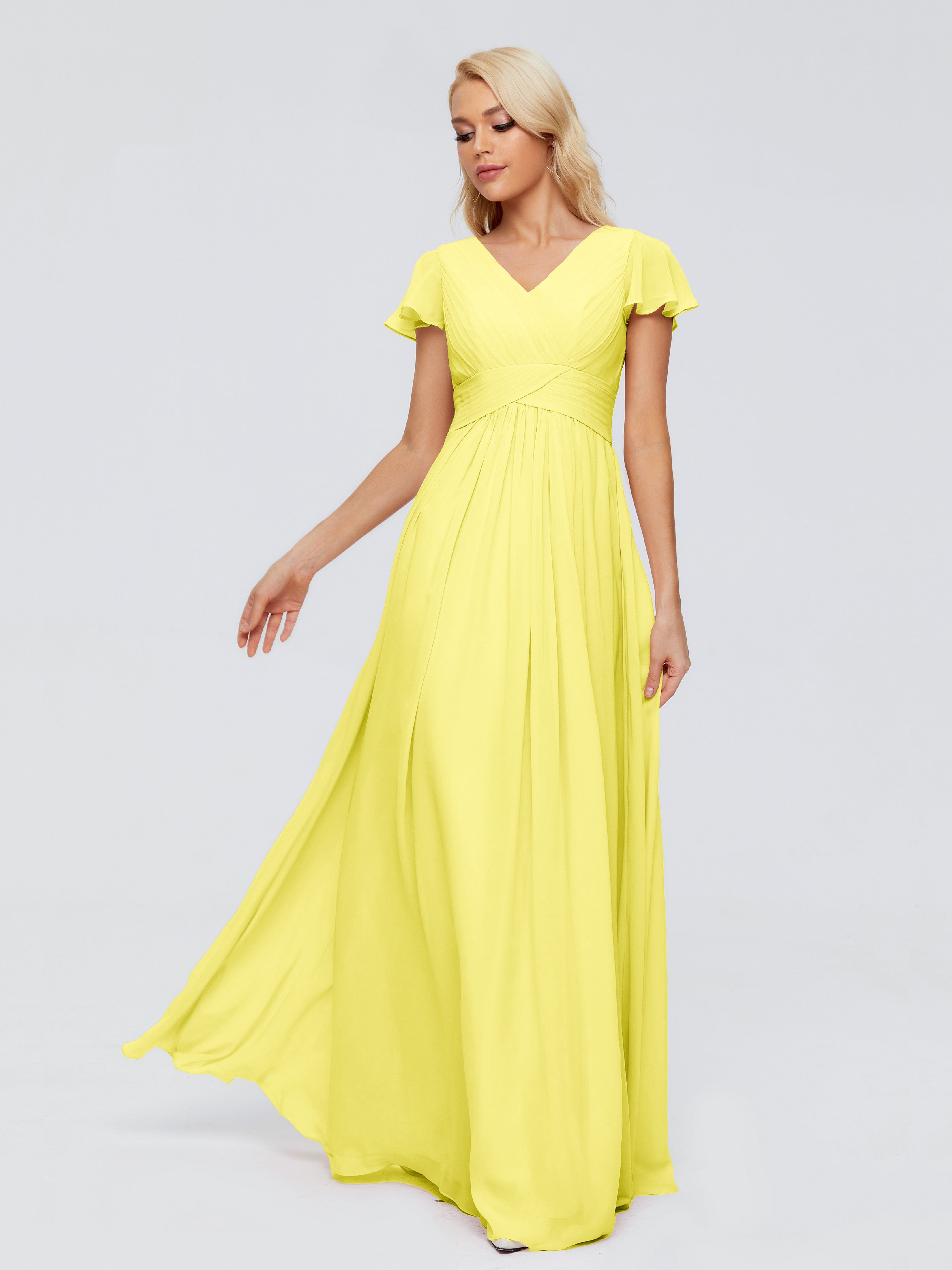 Robes De Demoiselle D'Honneur Jaune Citron Trapèze Col V Mousseline Robes Demoiselle D'Honneur