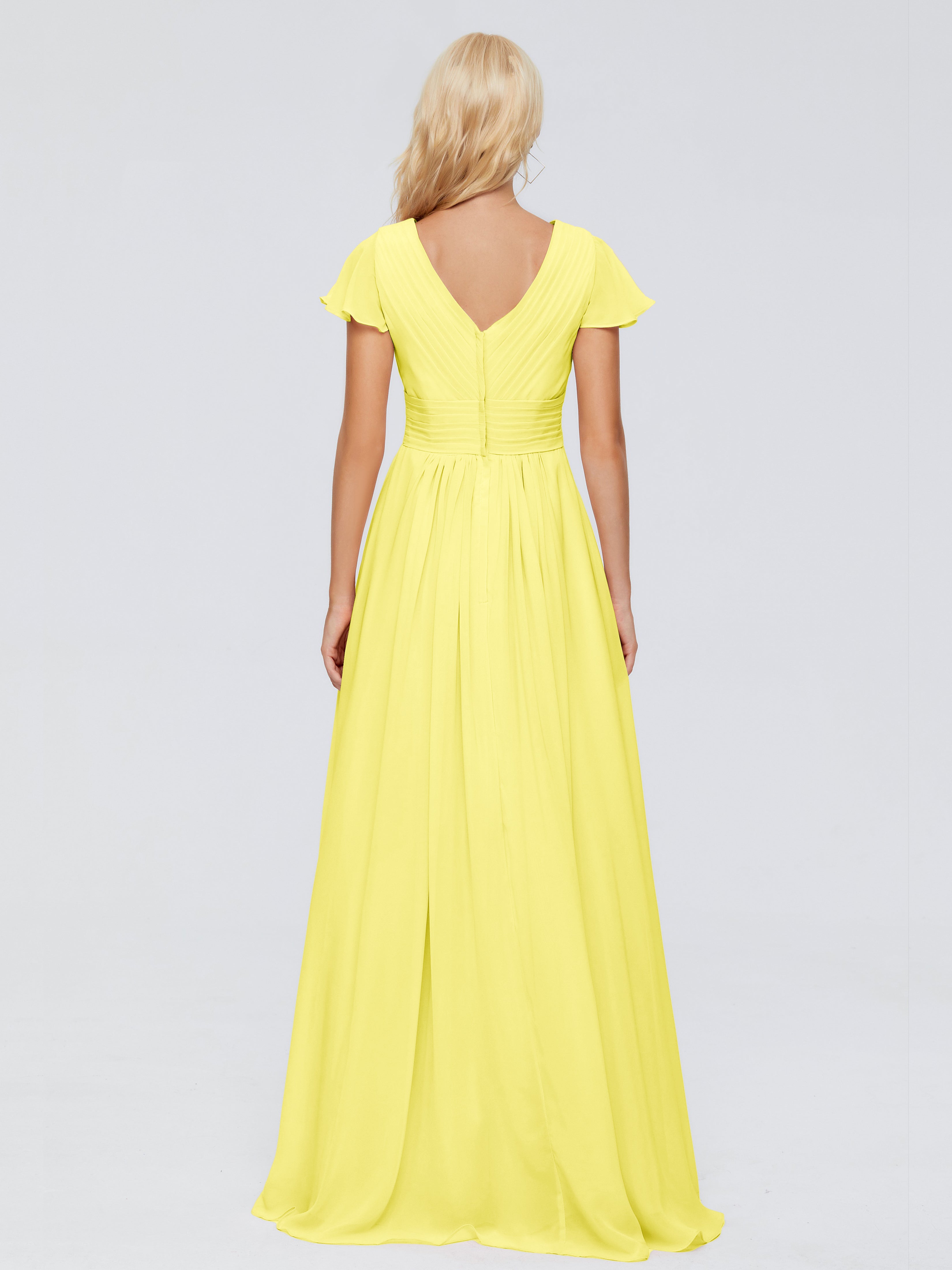 Robes De Demoiselle D'Honneur Jaune Citron Trapèze Col V Mousseline Robes Demoiselle D'Honneur