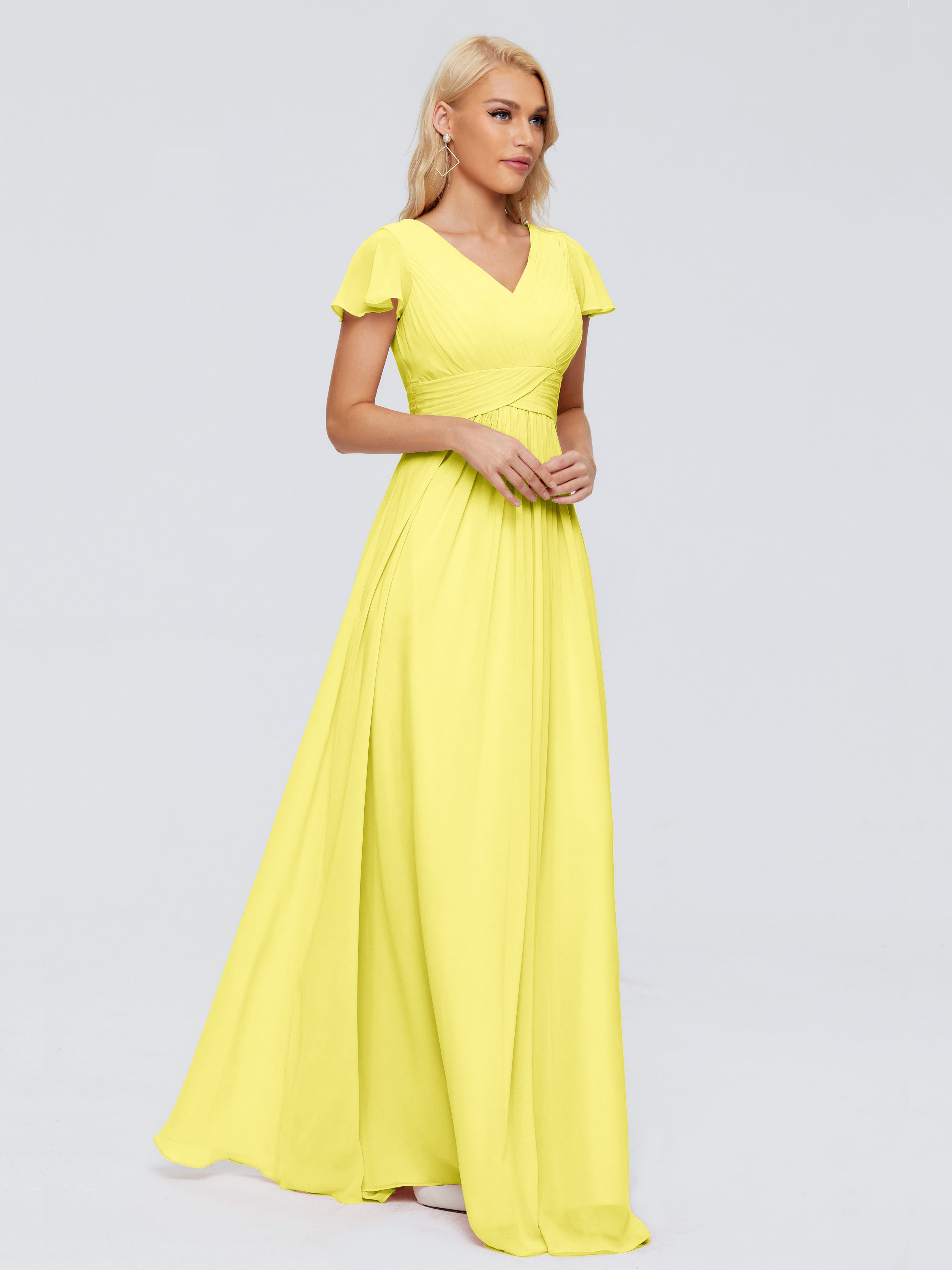 Robes De Demoiselle D'Honneur Jaune Citron Trapèze Col V Mousseline Robes Demoiselle D'Honneur