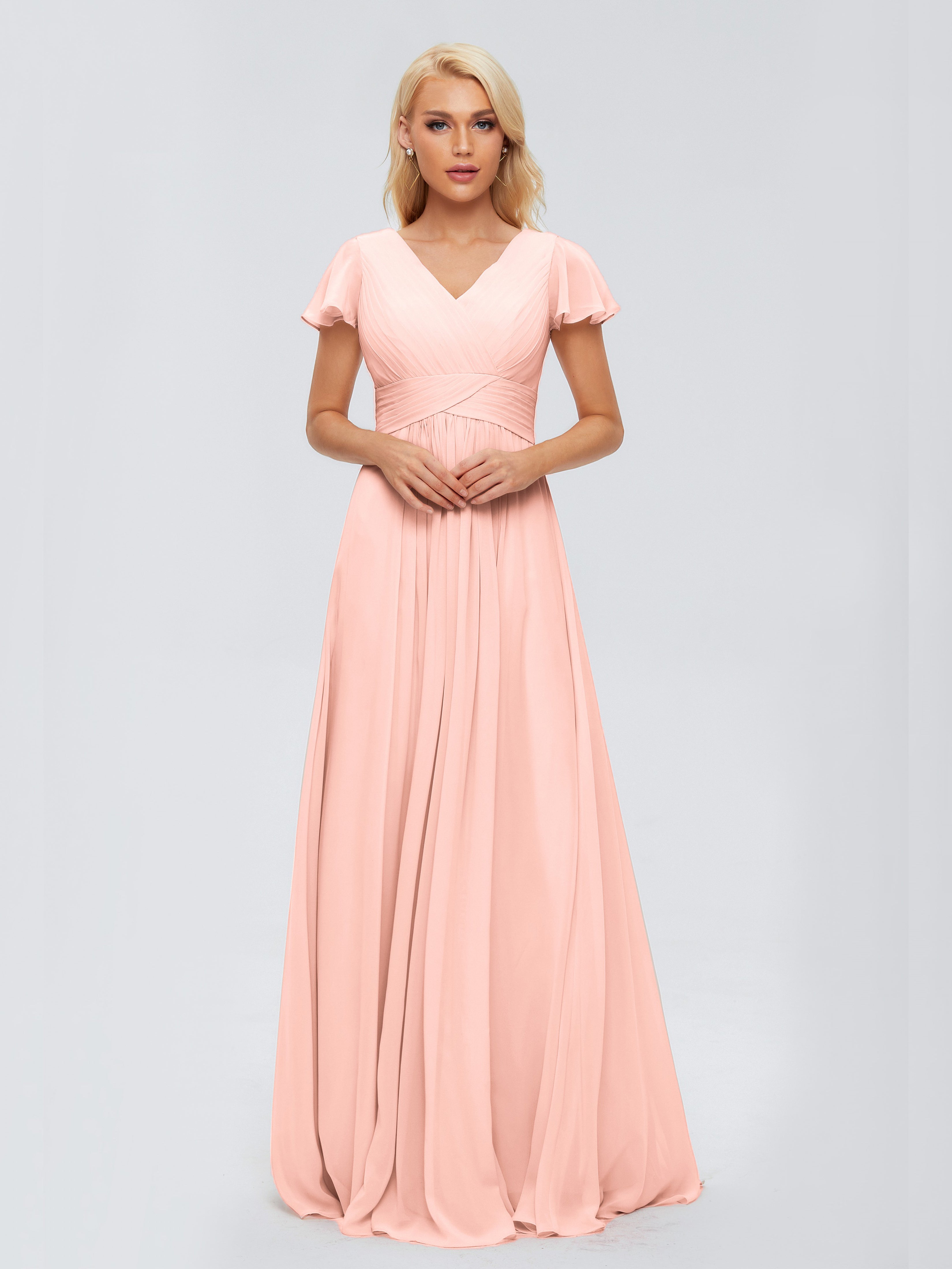 Robe De Demoiselle D Honneur Corail Trapèze Col V Mousseline Robes Demoiselle D'Honneur