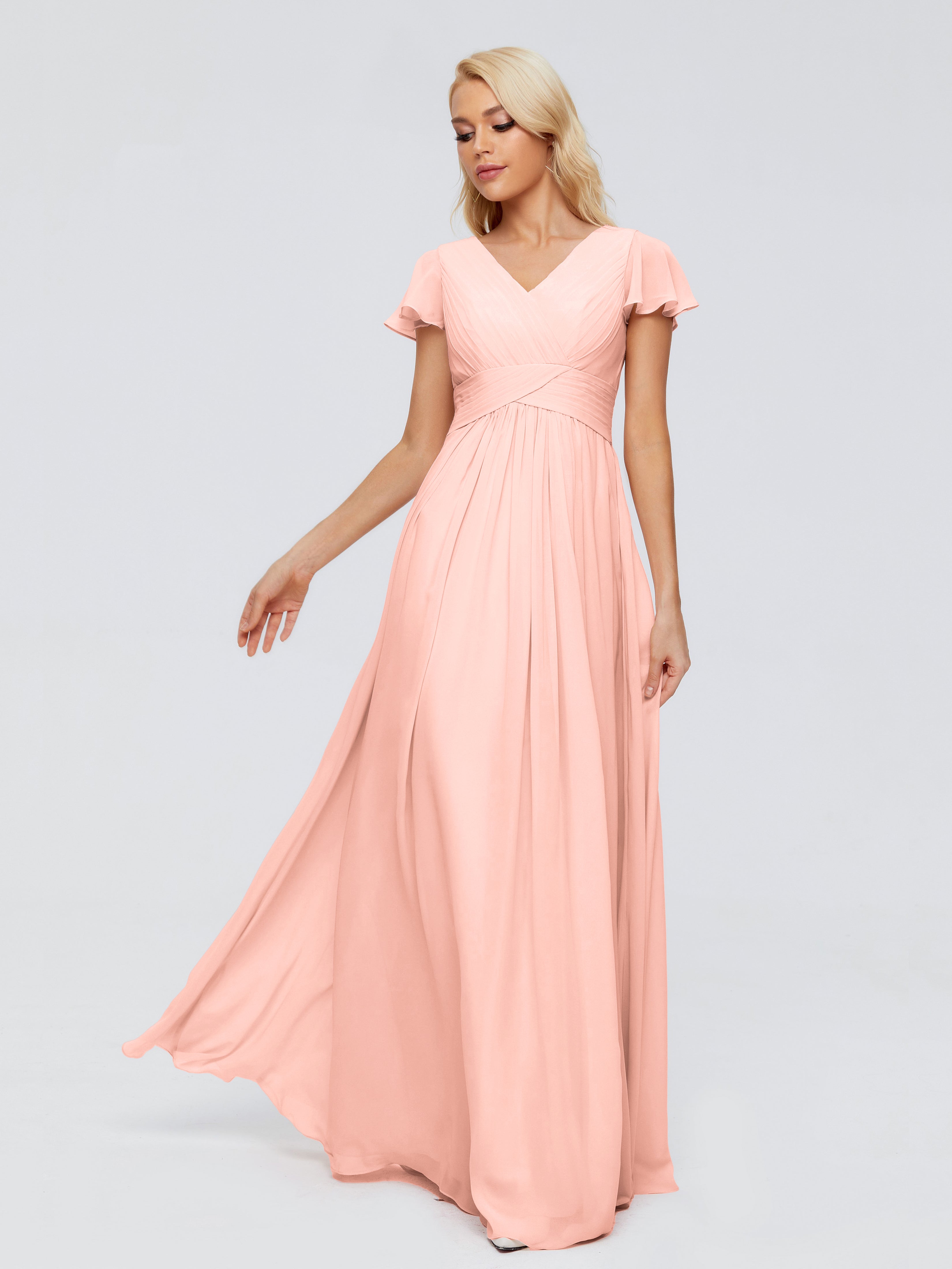 Robe De Demoiselle D Honneur Corail Trapèze Col V Mousseline Robes Demoiselle D'Honneur