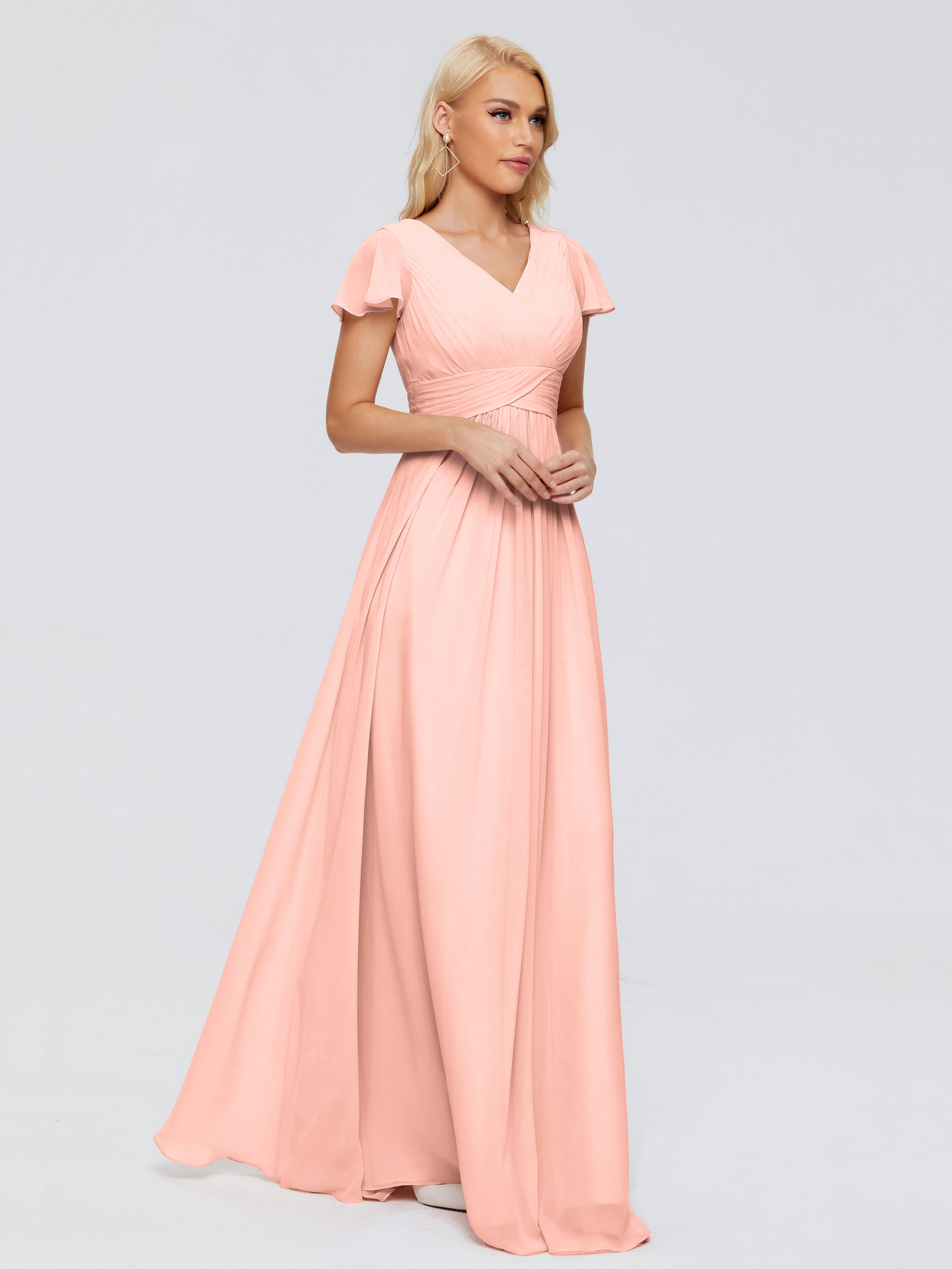 Robe De Demoiselle D Honneur Corail Trapèze Col V Mousseline Robes Demoiselle D'Honneur