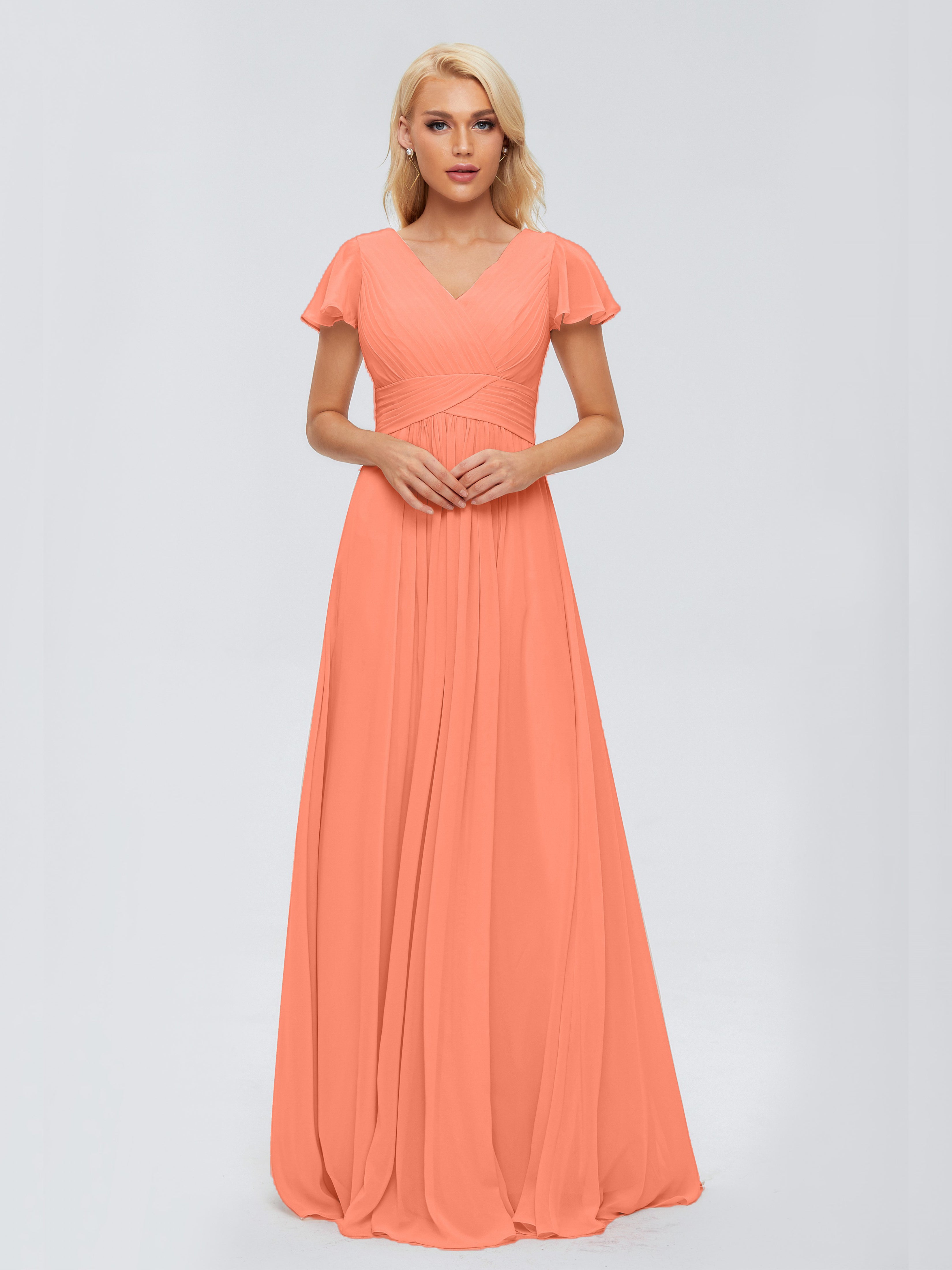 Robes De Demoiselle D'Honneur Coucher De Soleil Trapèze Col V Mousseline Robes Demoiselle D'Honneur