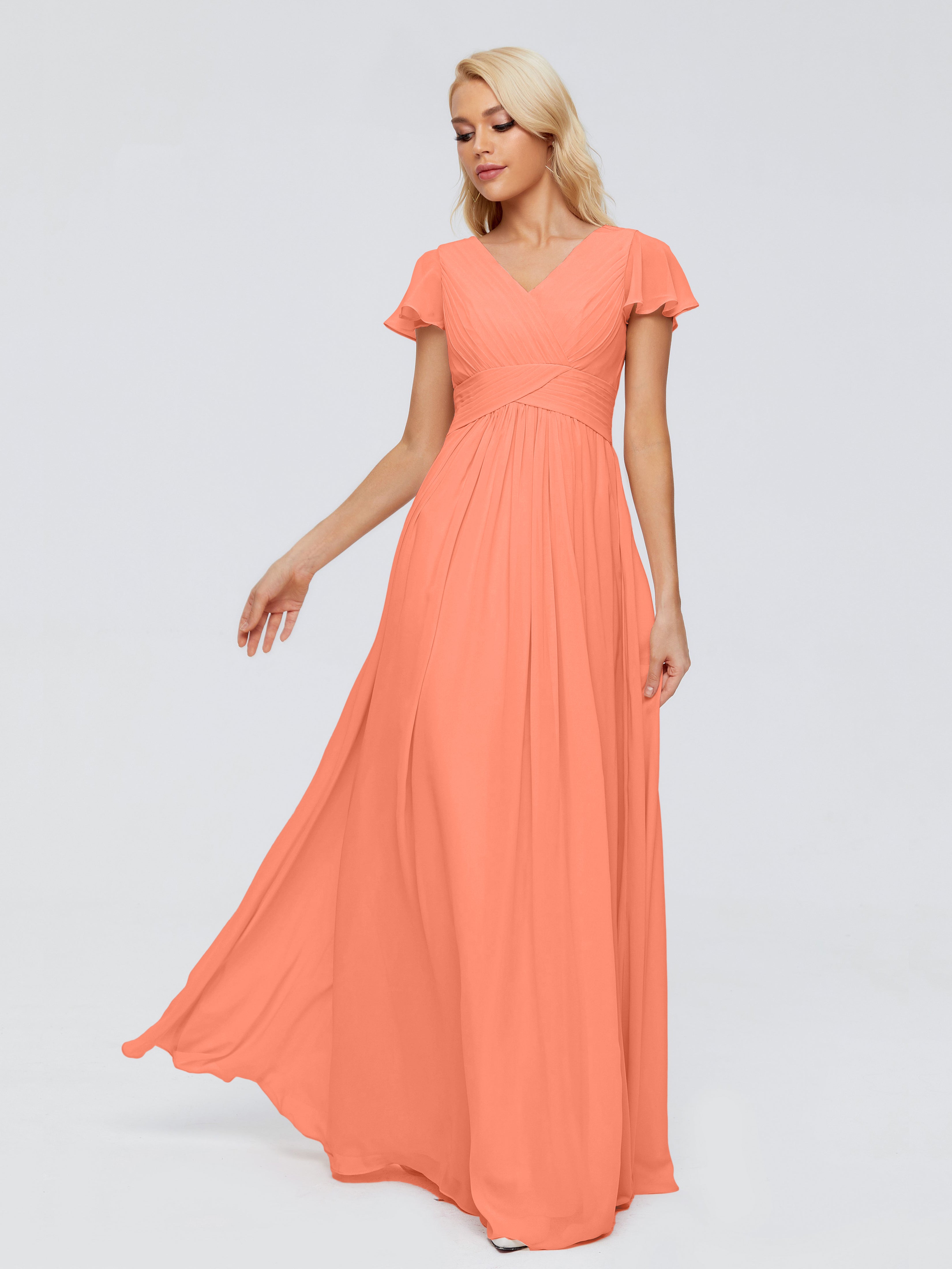 Robes De Demoiselle D'Honneur Coucher De Soleil Trapèze Col V Mousseline Robes Demoiselle D'Honneur