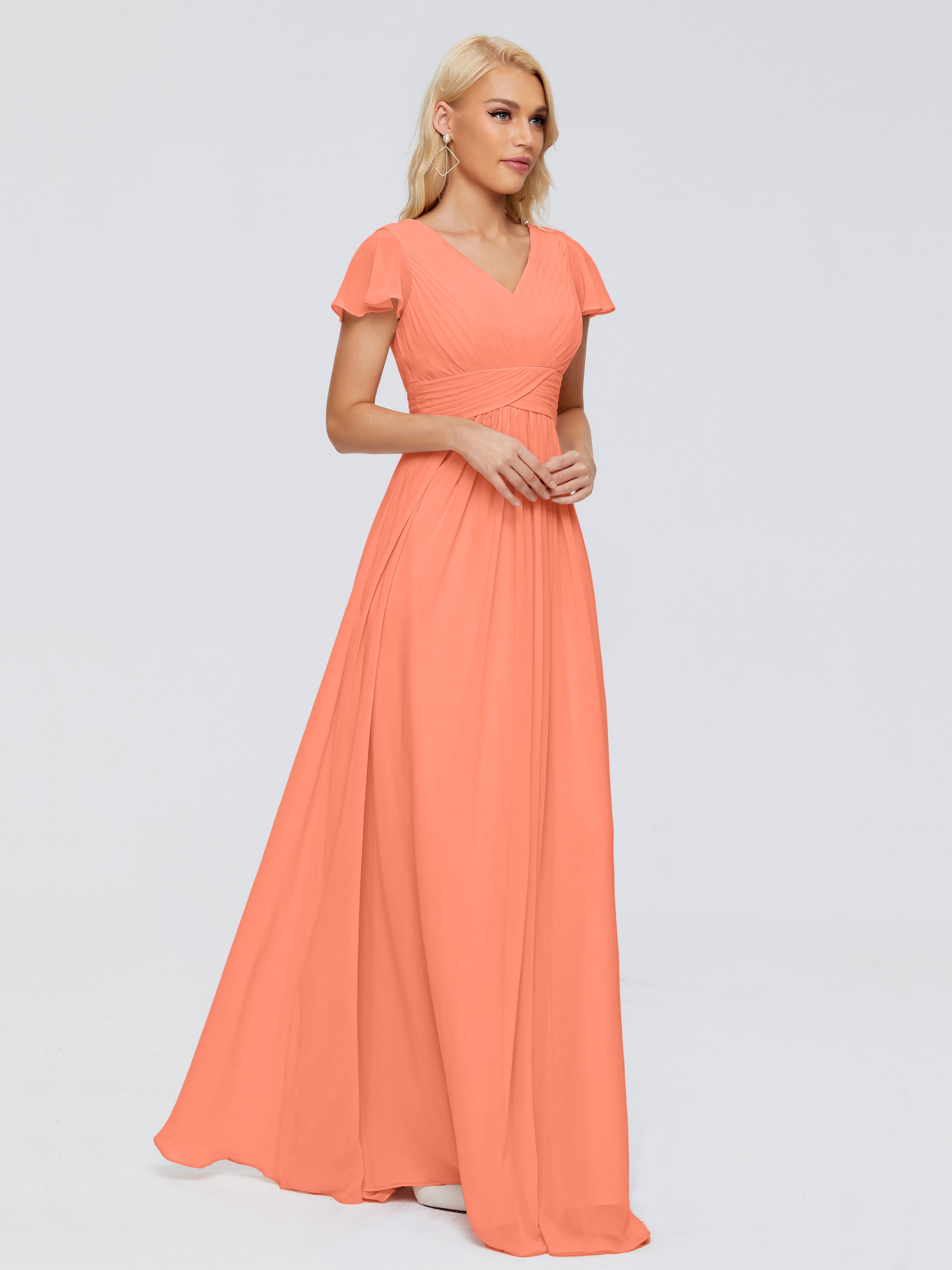 Robes De Demoiselle D'Honneur Coucher De Soleil Trapèze Col V Mousseline Robes Demoiselle D'Honneur