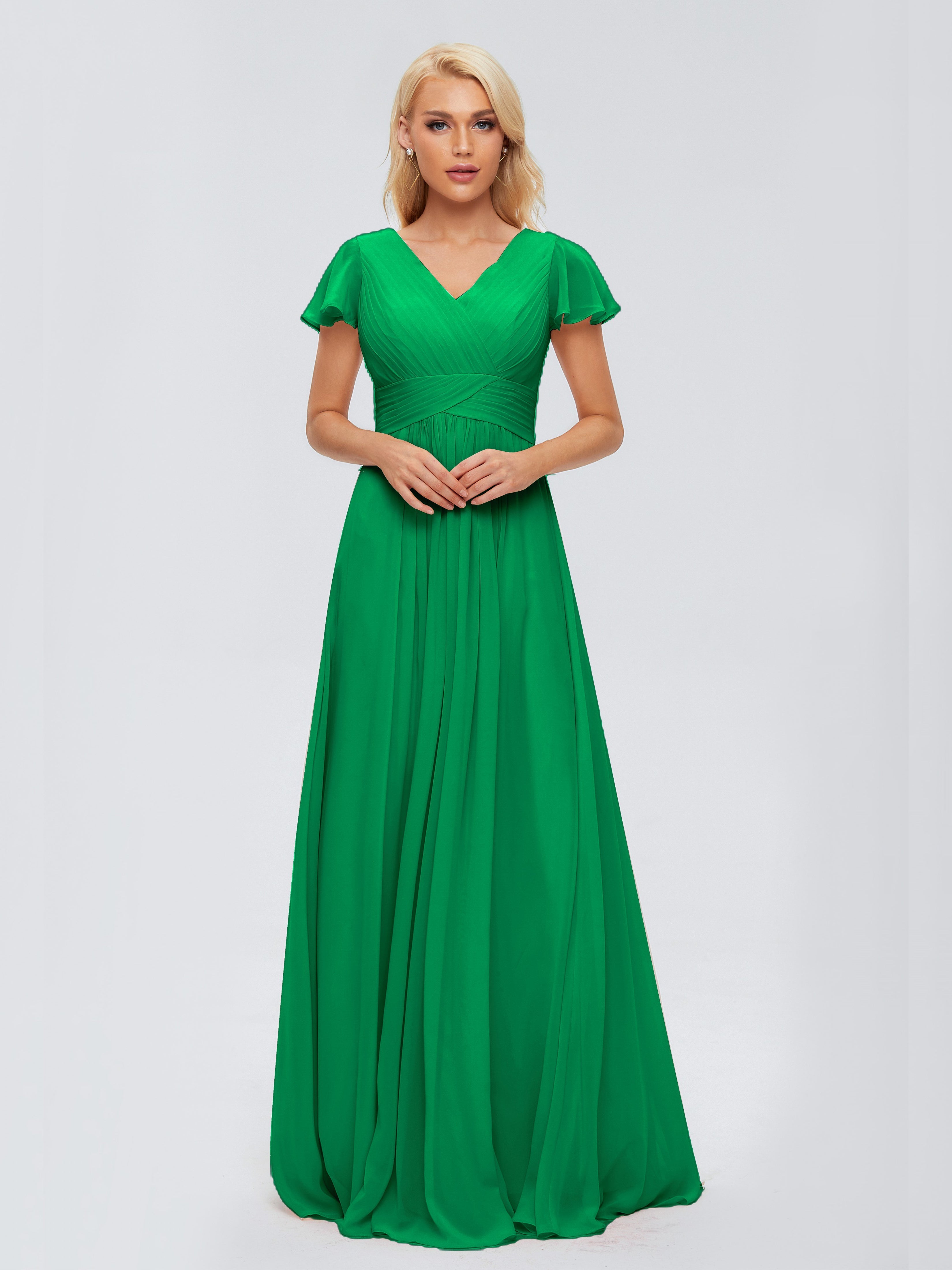 Robe De Demoiselle D Honneur Vert Emeraude Trapèze Col V Mousseline Robes Demoiselle D'Honneur