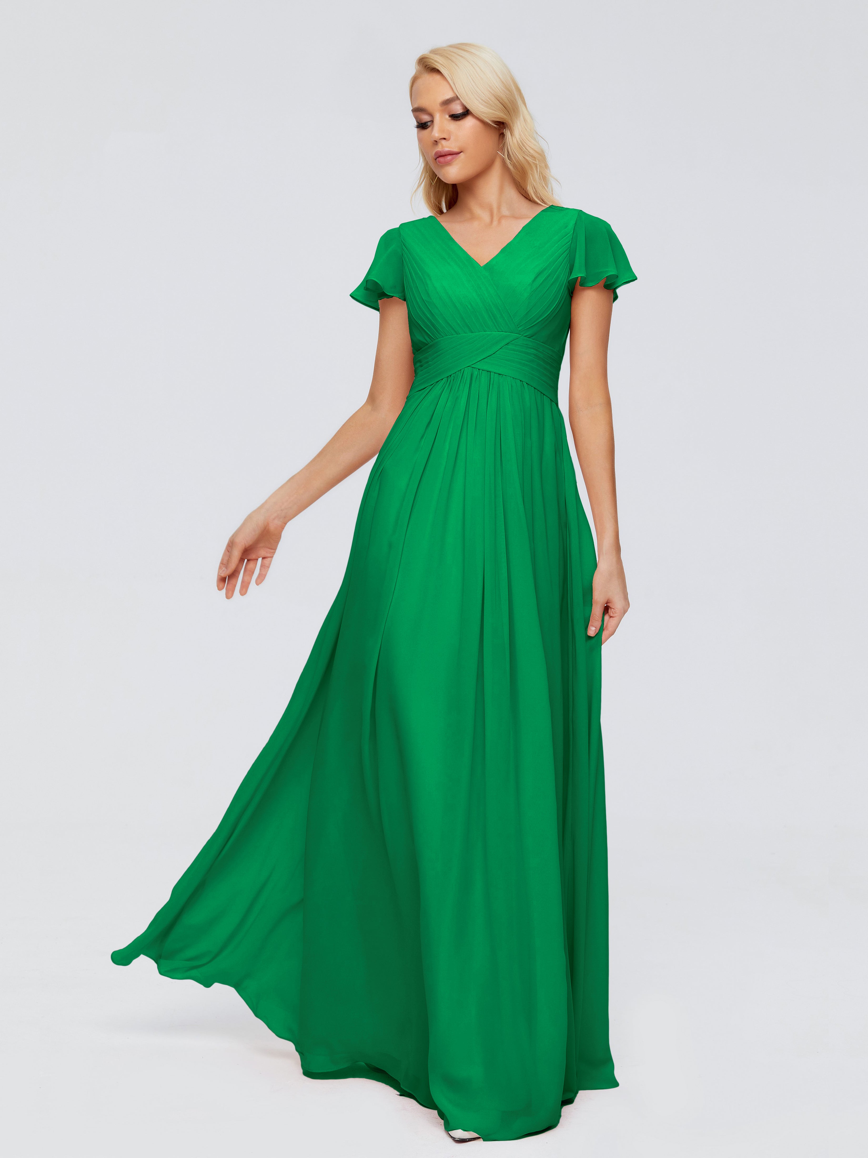Robe De Demoiselle D Honneur Vert Emeraude Trapèze Col V Mousseline Robes Demoiselle D'Honneur