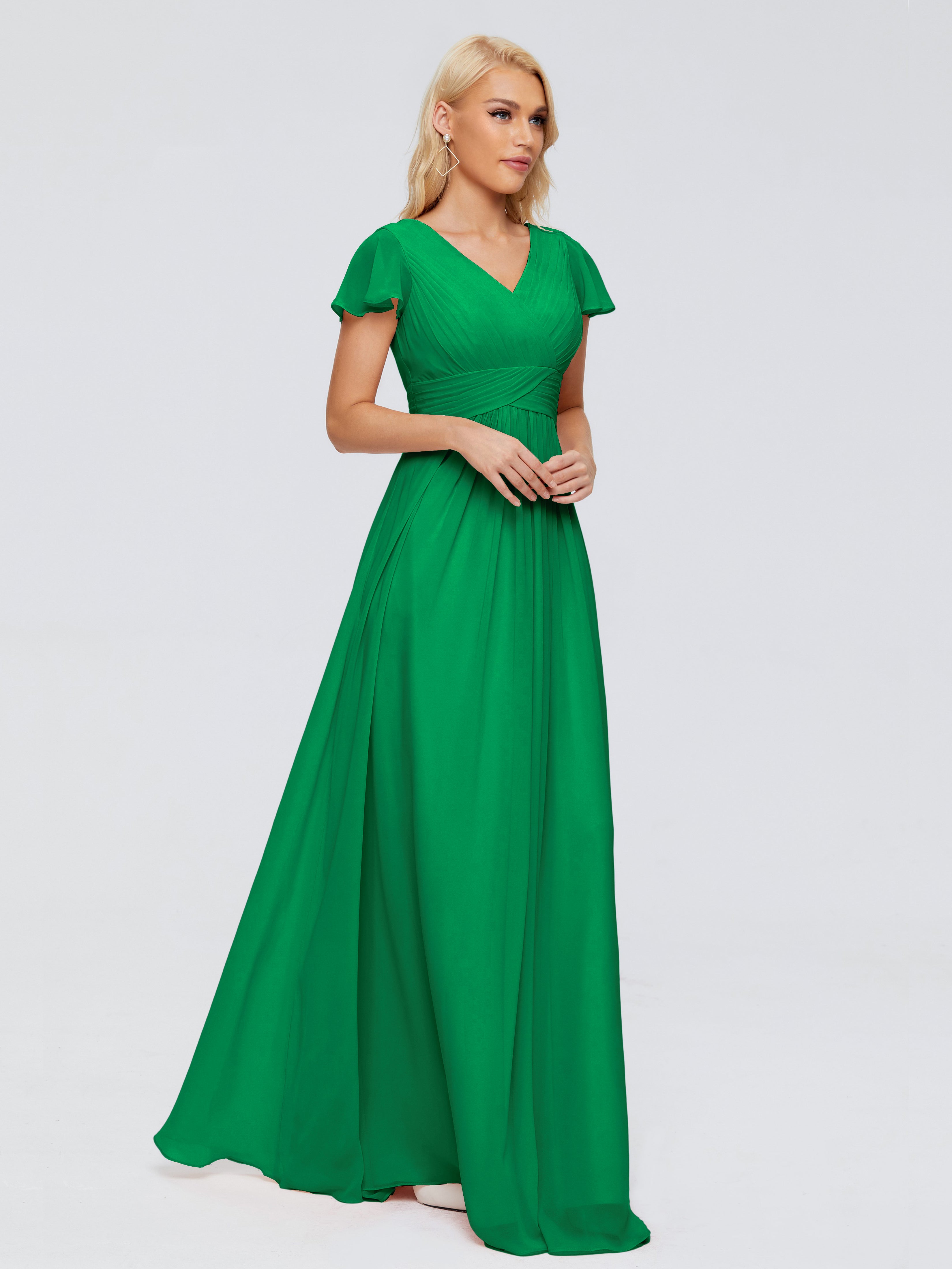 Robe De Demoiselle D Honneur Vert Emeraude Trapèze Col V Mousseline Robes Demoiselle D'Honneur
