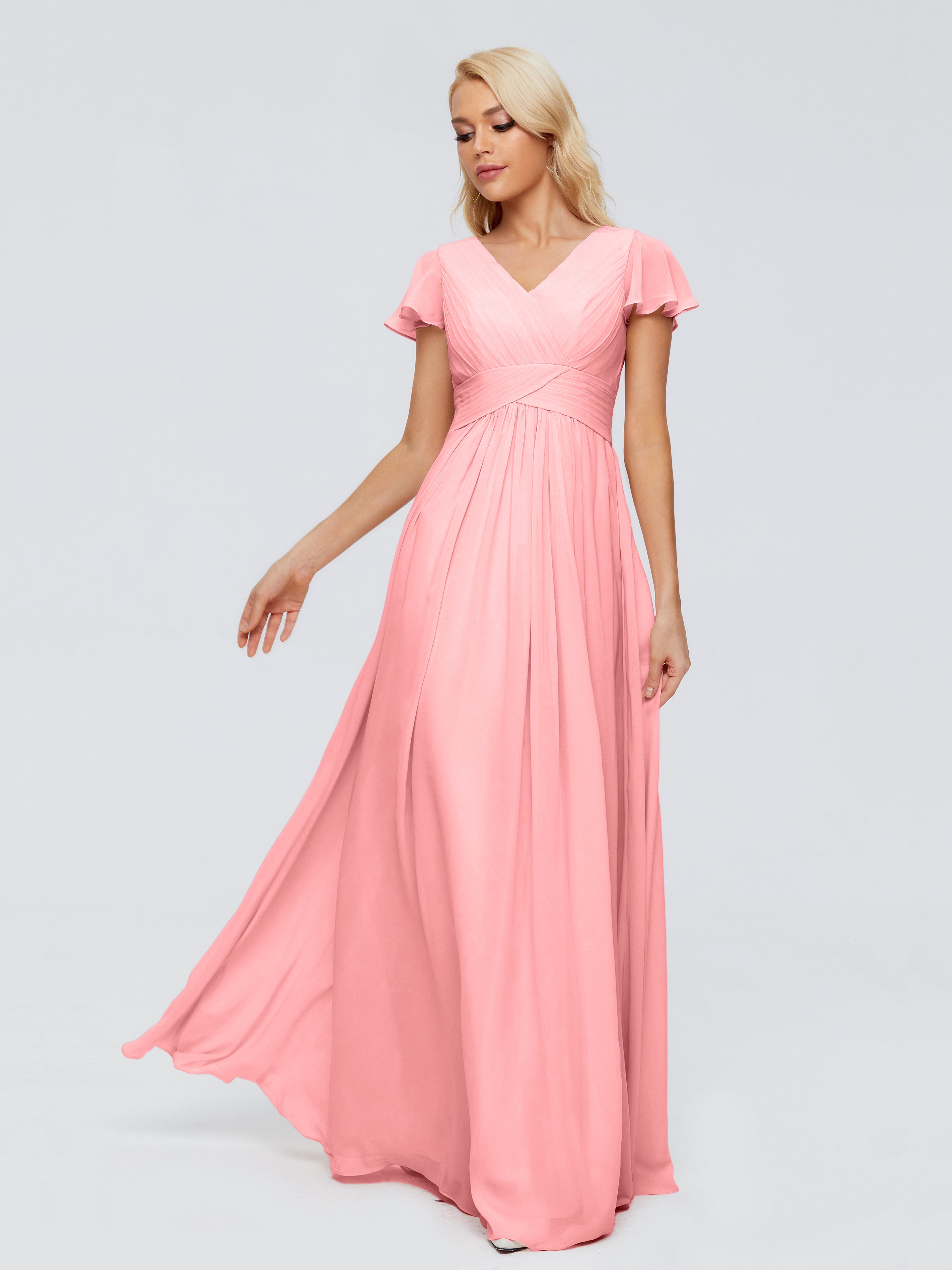 Robes De Demoiselle D'Honneur En Flamant Trapèze Col V Mousseline Robes Demoiselle D'Honneur