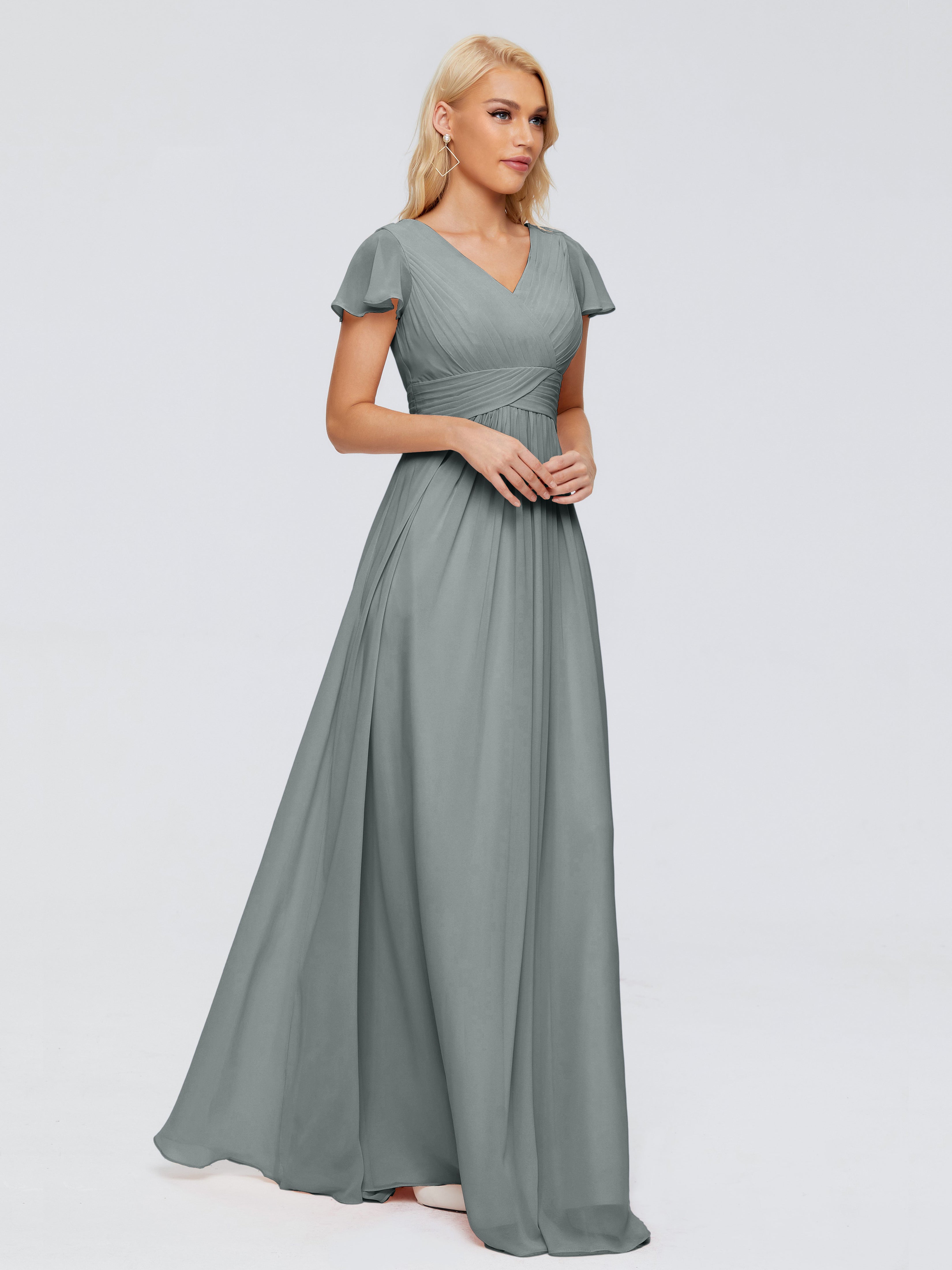 Robe Demoiselle D Honneur Gris Argenté Trapèze Col V Mousseline Robes Demoiselle D'Honneur