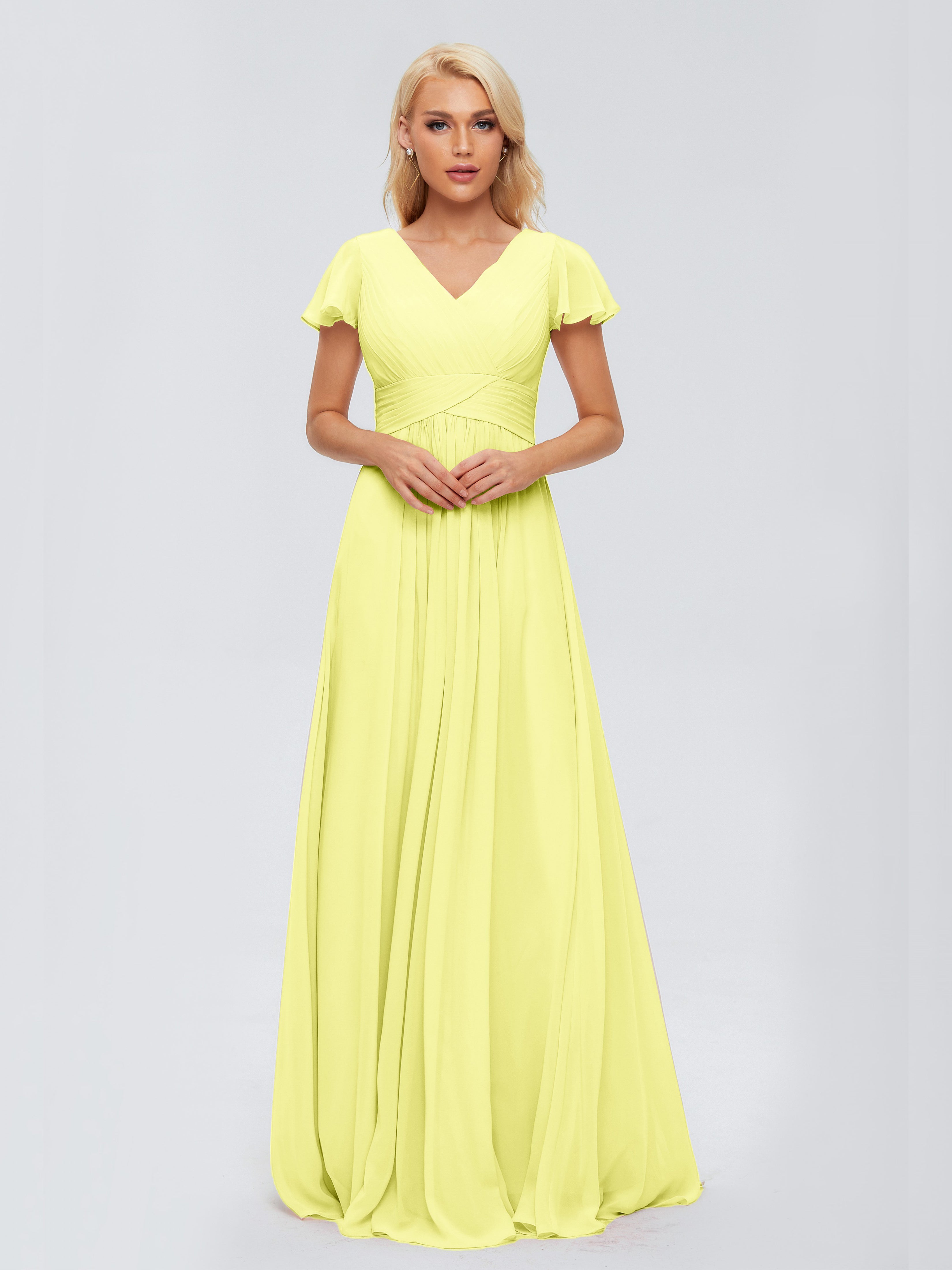 Robes De Demoiselle D'Honneur Jonquille Trapèze Col V Mousseline Robes Demoiselle D'Honneur